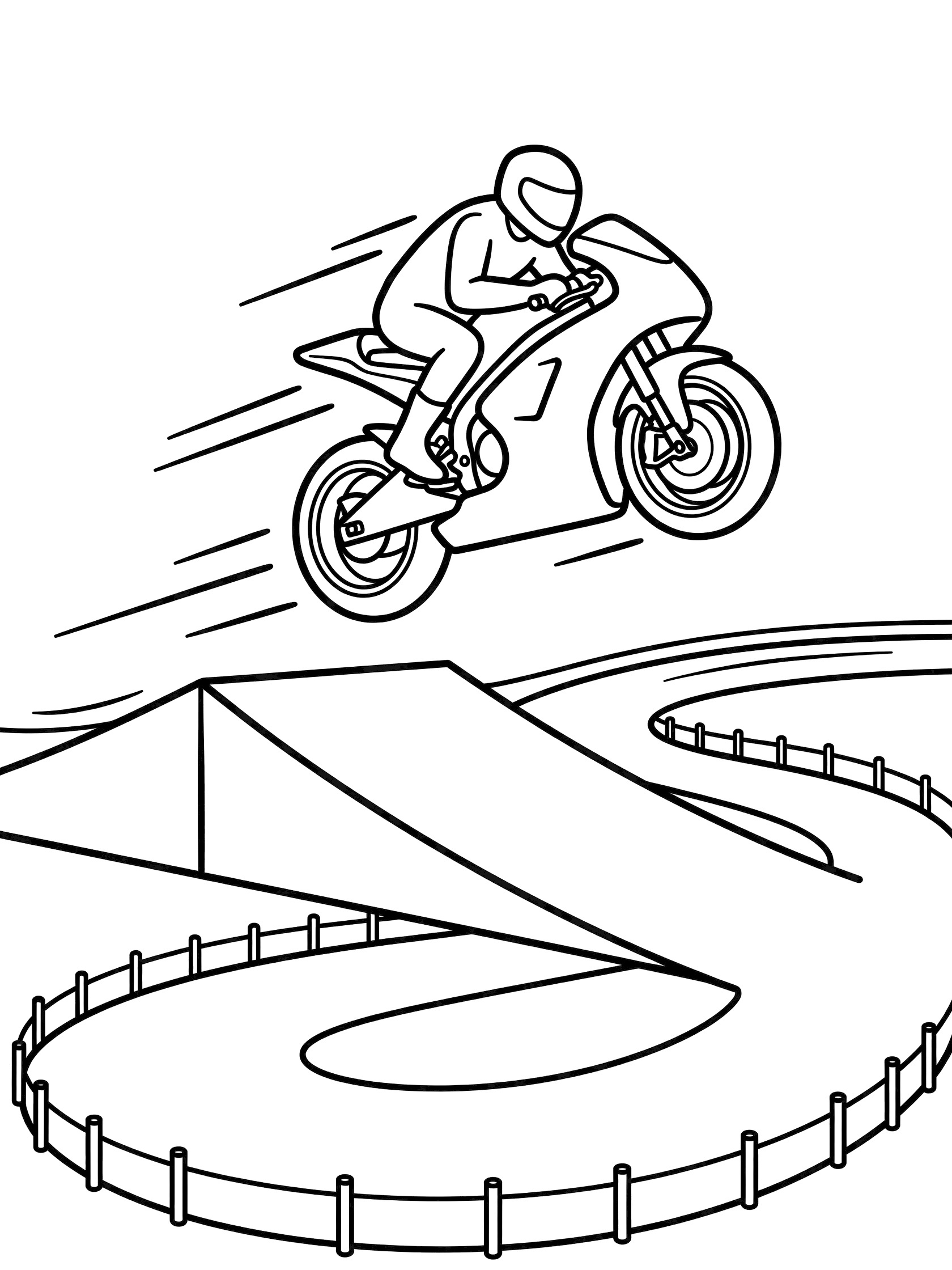Black-and-white coloring page of a race bike jumping off a ramp with rider in helmet, motion lines, curving track below, and simple barriers.