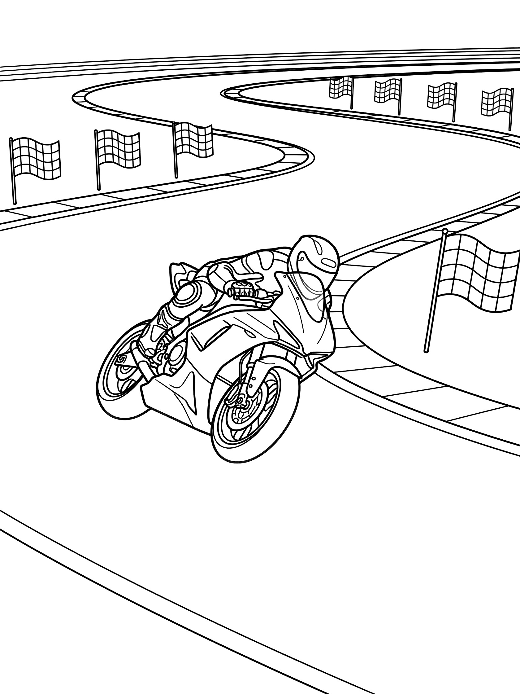 Black and white line art of a race bike leaning into a sharp turn on a racetrack with tucked rider and waving checkered flags