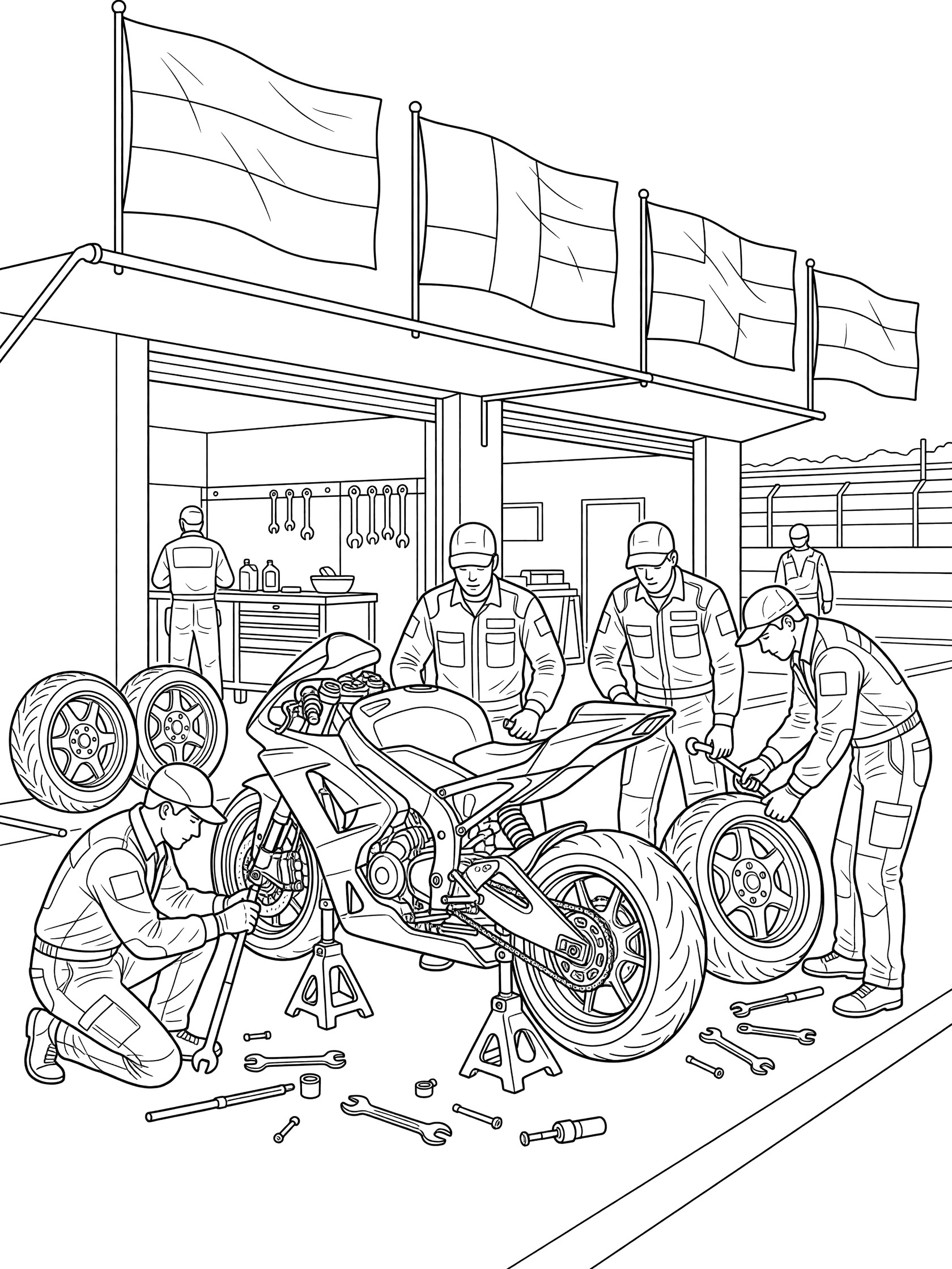 Black and white line art of a race bike on jacks in MotoGP pit stop with mechanics changing tires, team flags, and garage area.