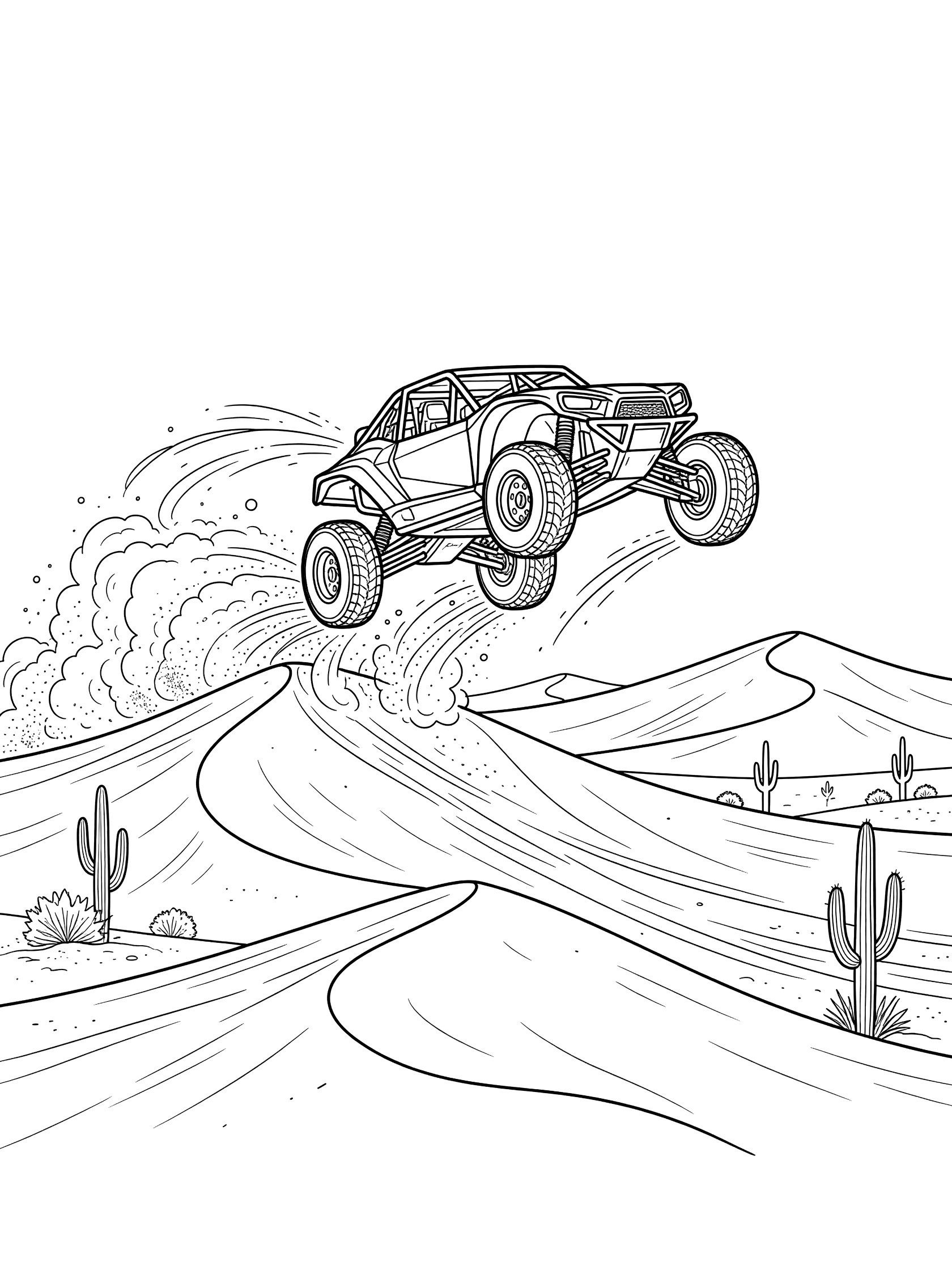 Black and white coloring page of a race buggy jumping over massive desert sand dunes with dust clouds from tires and sparse cacti in the sandy landscape