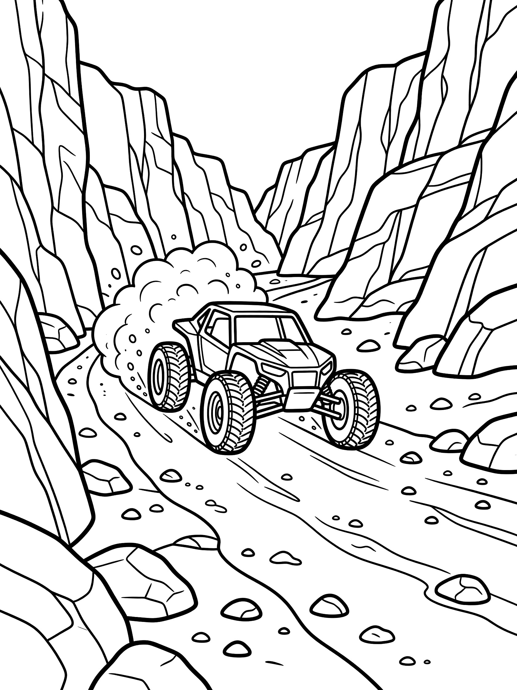 Black and white line art of a race buggy racing on a rocky canyon trail, kicking up dust and rocks with oversized tires, jagged walls rising high.