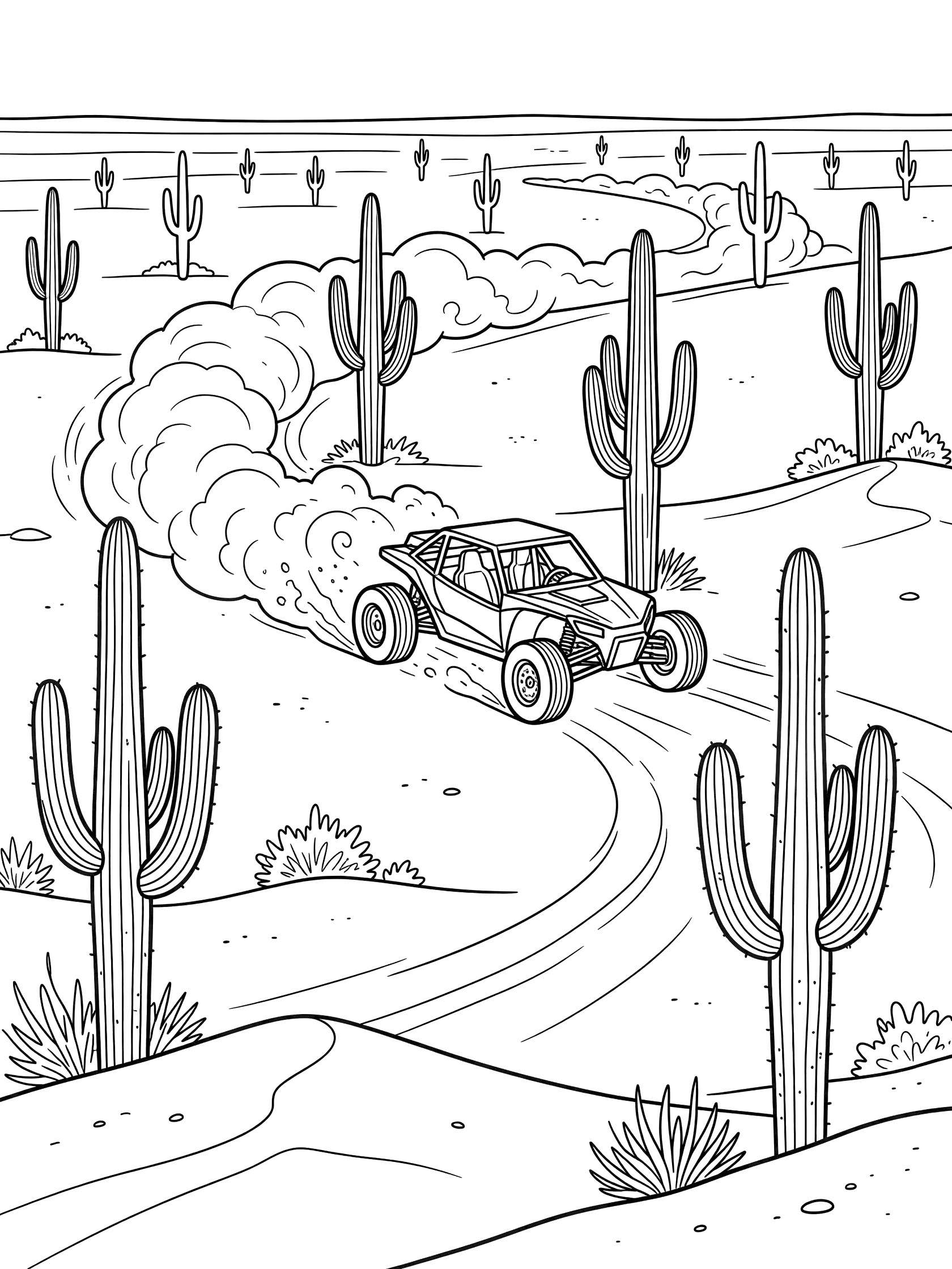 Black-and-white coloring page of a race buggy turning sharply around tall cacti with skidding tires and dust clouds on sandy plains.
