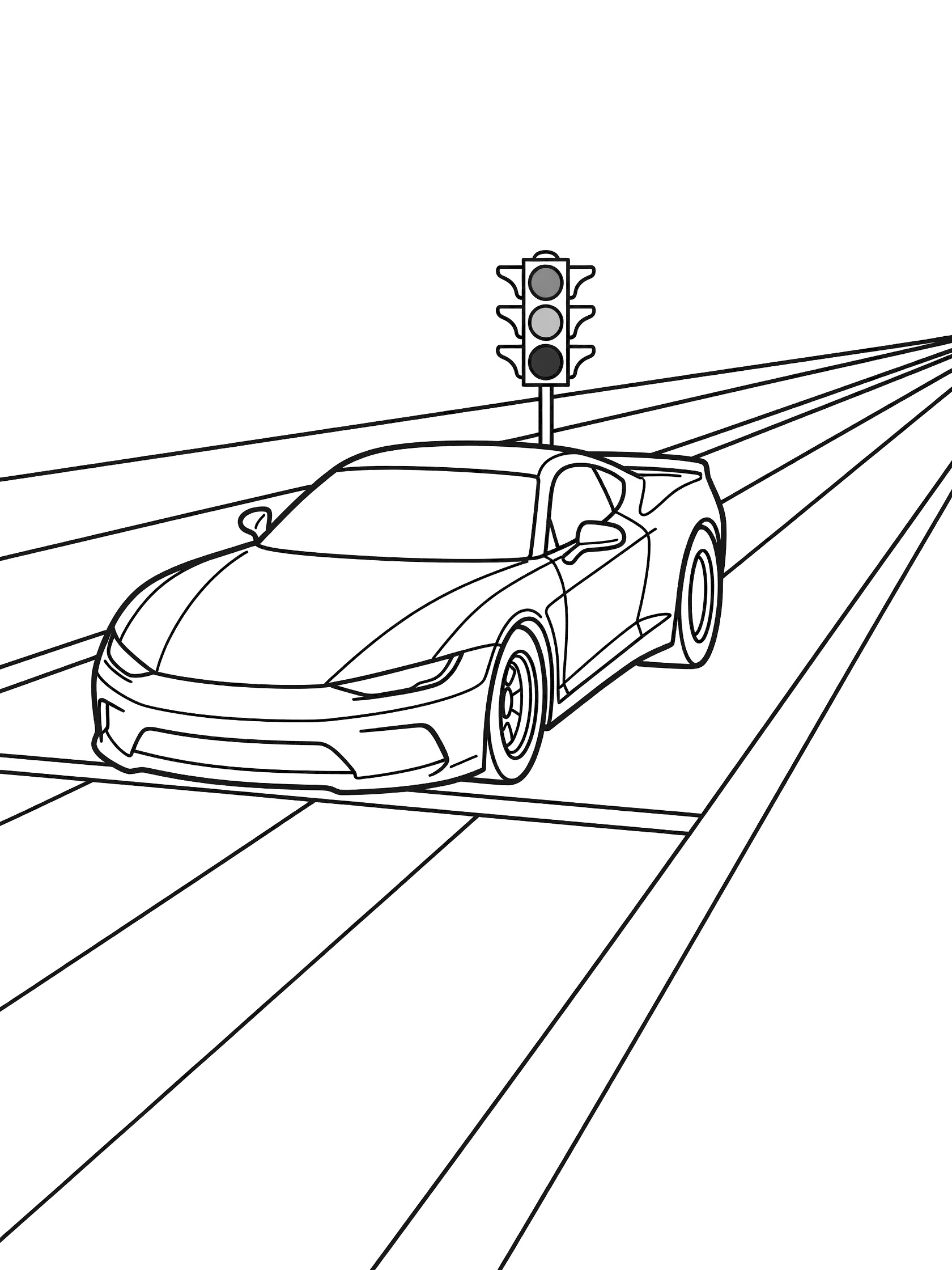 Black and white line art coloring page showing a sports race car on a drag strip with large rear tires under a green traffic light. Race Cars themed black and white printable line art