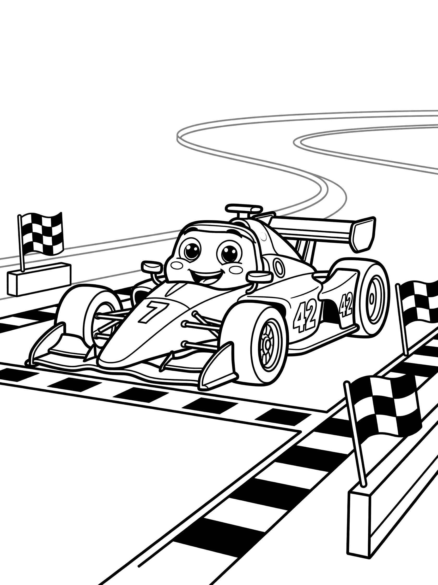Black and white coloring page of a smiling cartoon race car with numbers 7 and 42 at the starting line with checkered flags and track. Indy Car themed black and white printable line art