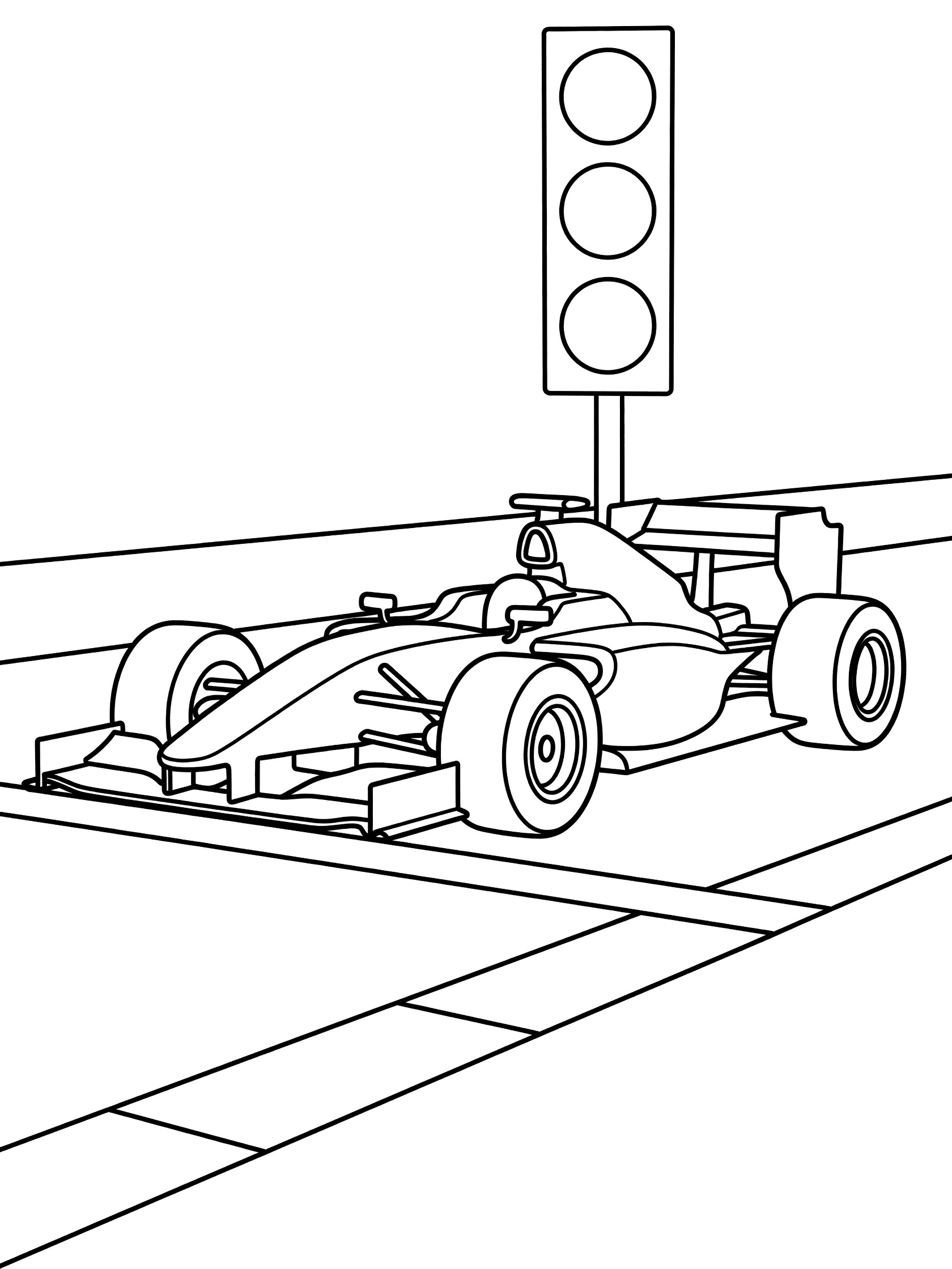 Black and white coloring page of a formula race car with large wheels and wings idling at a starting line marked by barriers, under a tall traffic light with three round lights on a pole. Race Cars themed black and white printable line art
