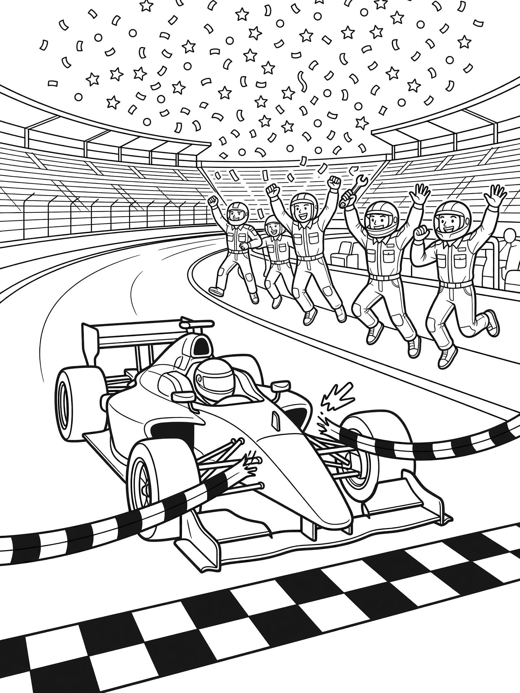 Black and white line art coloring page showing Indy race car driver breaking striped ribbon at checkered finish line, happy pit crew cheering, confetti falling.
