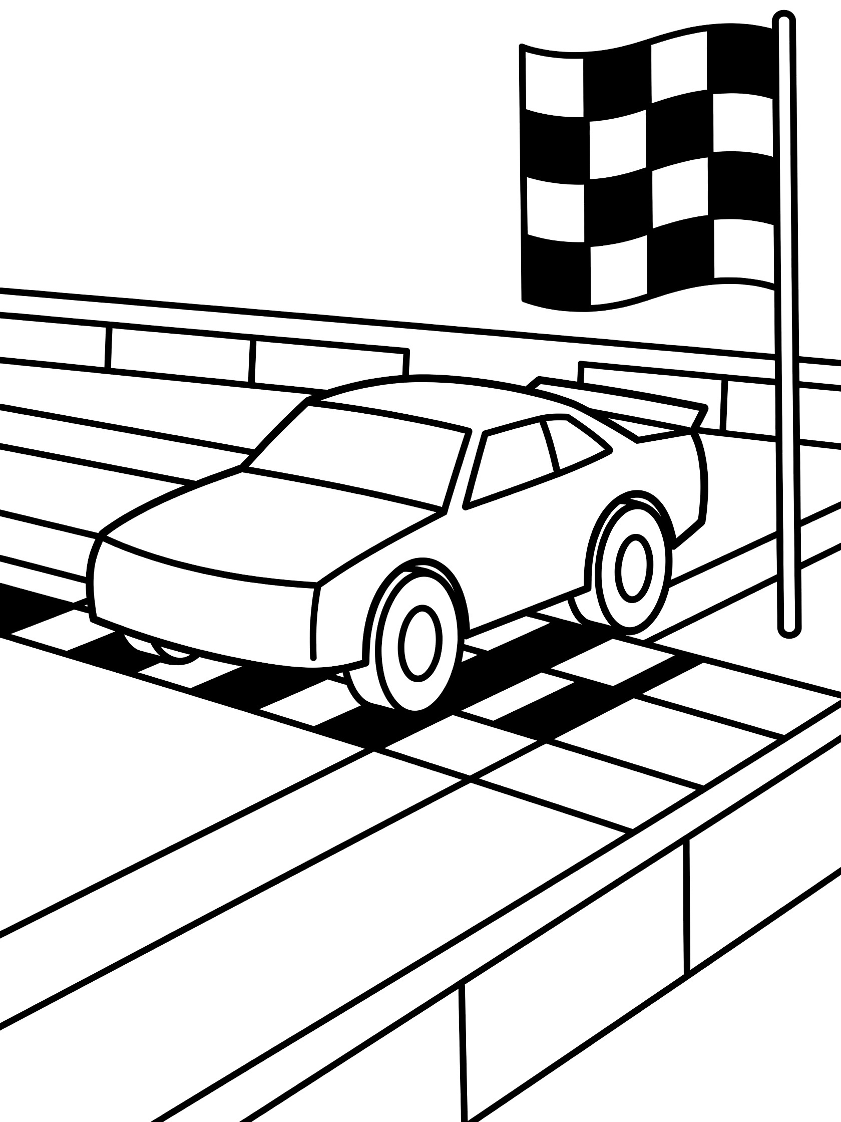 Black and white line art coloring page showing a stock race car dashing across a checkered flag finish line on a race track with barriers. Race Cars themed black and white printable line art