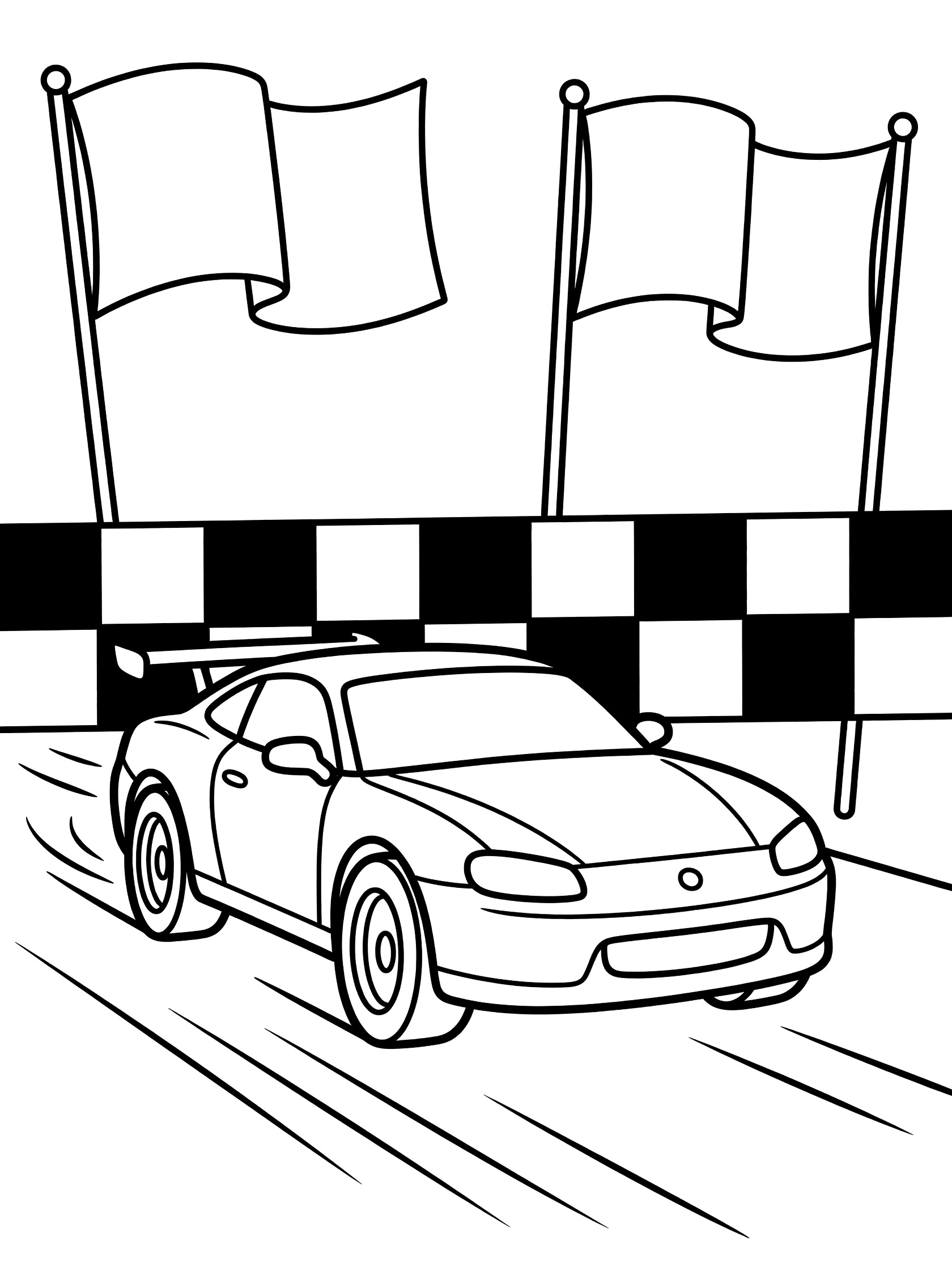 Black and white line art of a race car with spoiler and headlights crossing a checkered finish line under waving victory flags with speed lines. Race Cars themed black and white printable line art