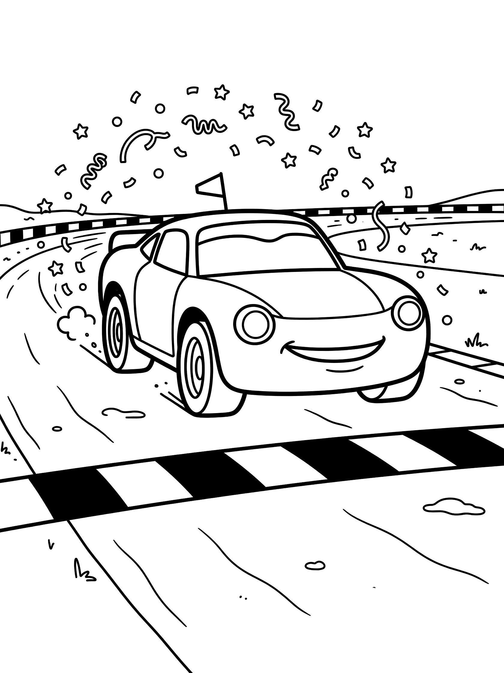 Black and white line art coloring page showing a happy-faced race car speeding across a checkered finish line on a dirt track with swirling confetti, victory flag, and stars. Race Cars themed black and white printable line art