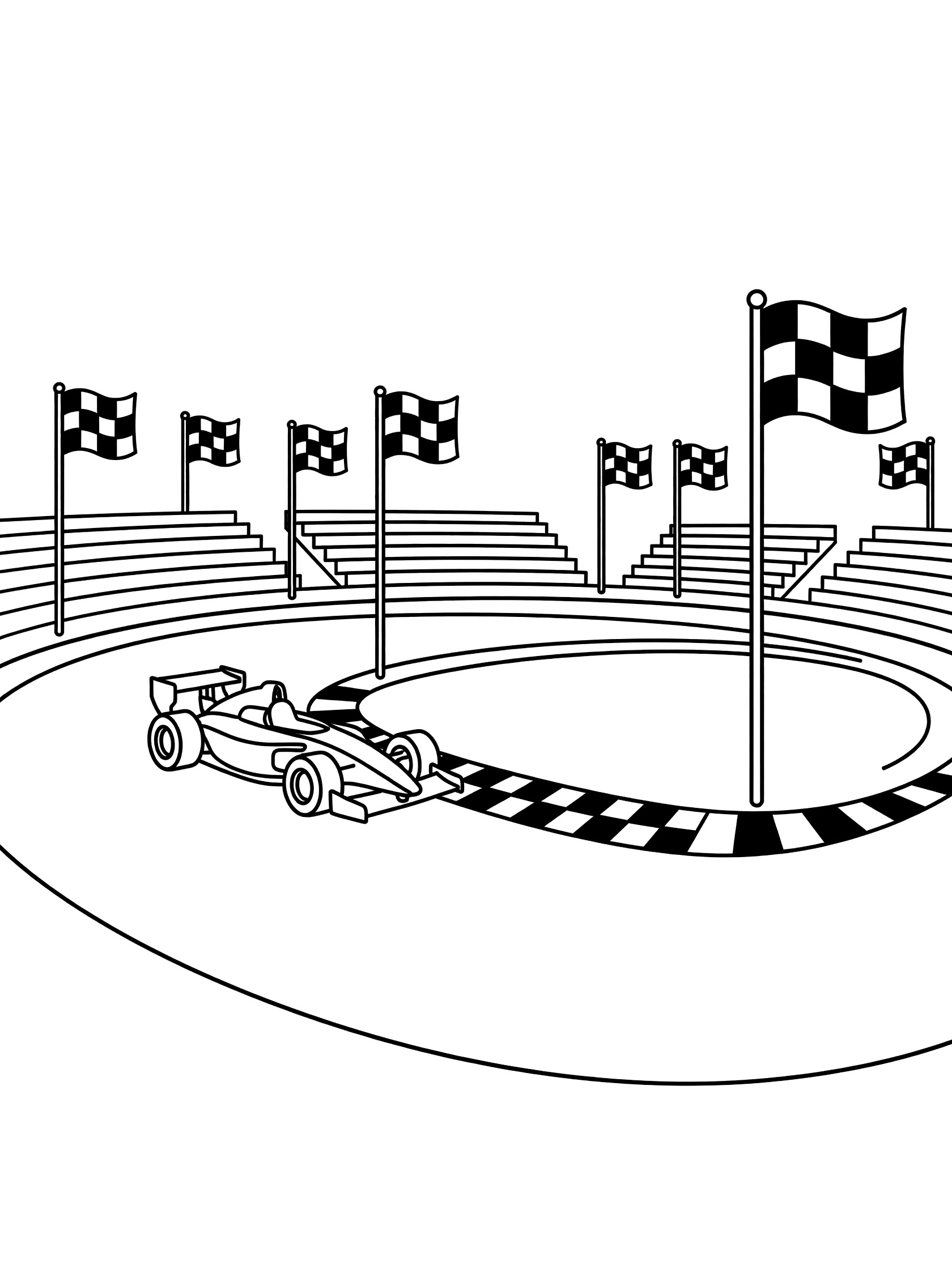 Black-and-white line art of an Indy race car speeding over the checkered finish line at the speedway with grandstands and checkered flags.