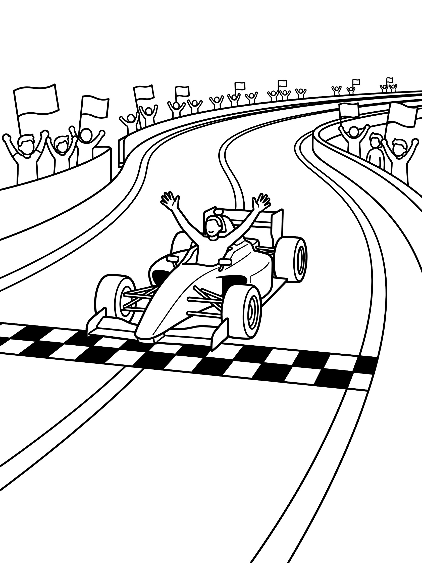 Black and white line art coloring page of a triumphant Indy race car crossing the checkered finish line on a curved track, driver raising arms in victory, fans waving flags.
