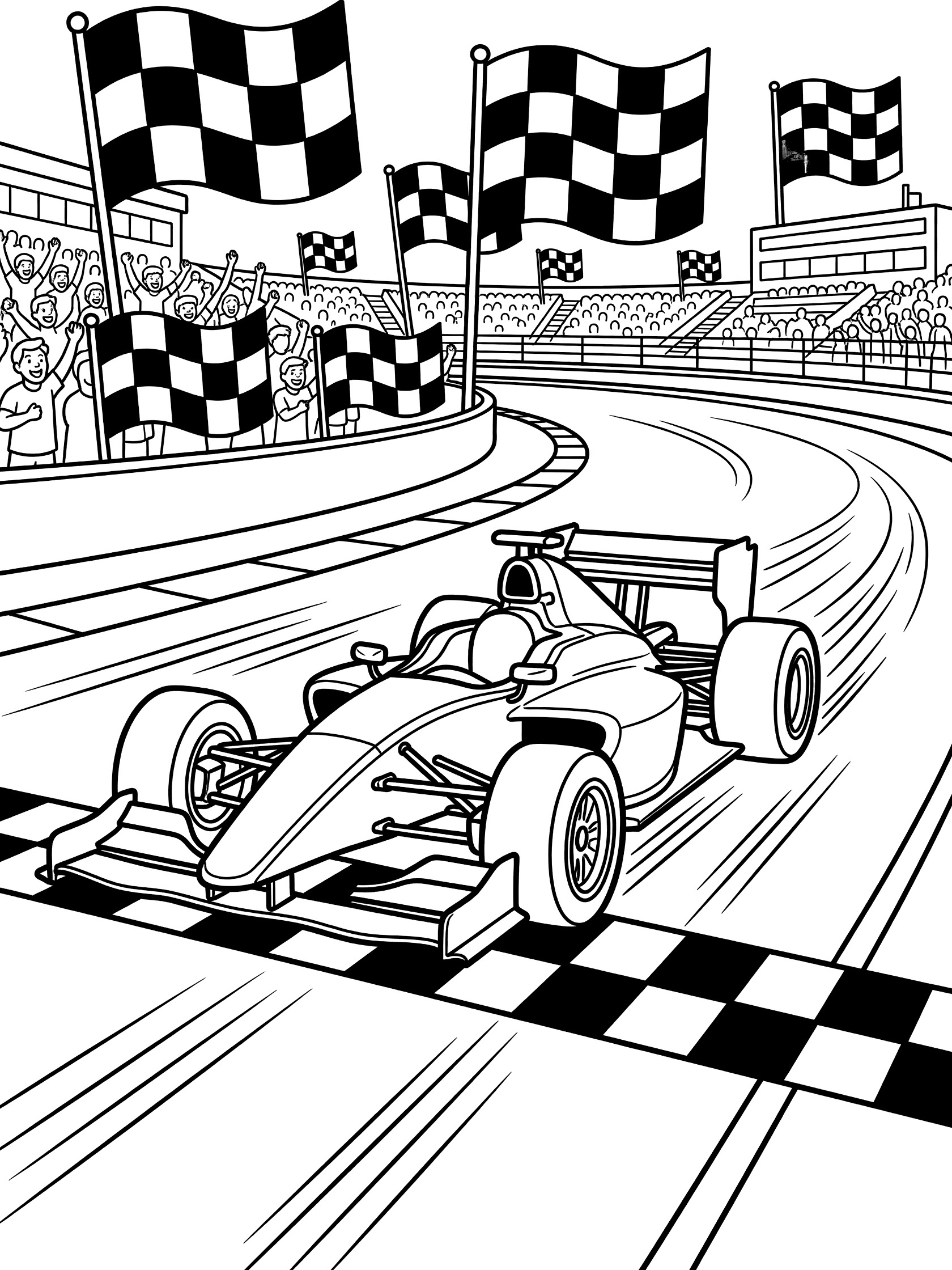 Black and white line art of a race car speeding over the checkered finish line on an oval track with flags and crowd in grandstands.