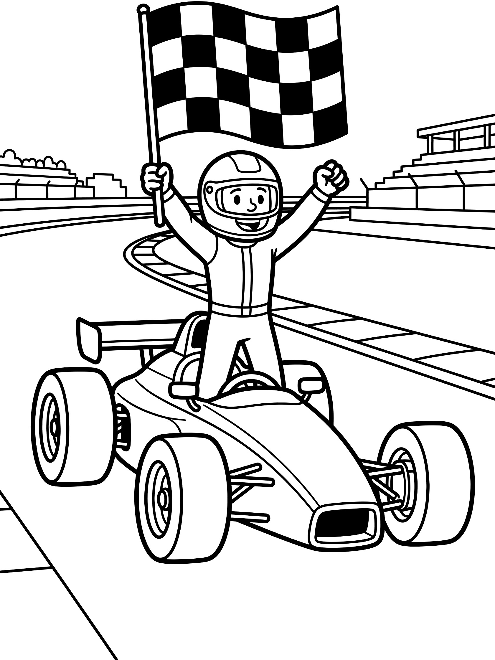 Black and white coloring page of a race car driver in helmet and suit standing proudly on open cockpit race car, waving checkered flag on racetrack.