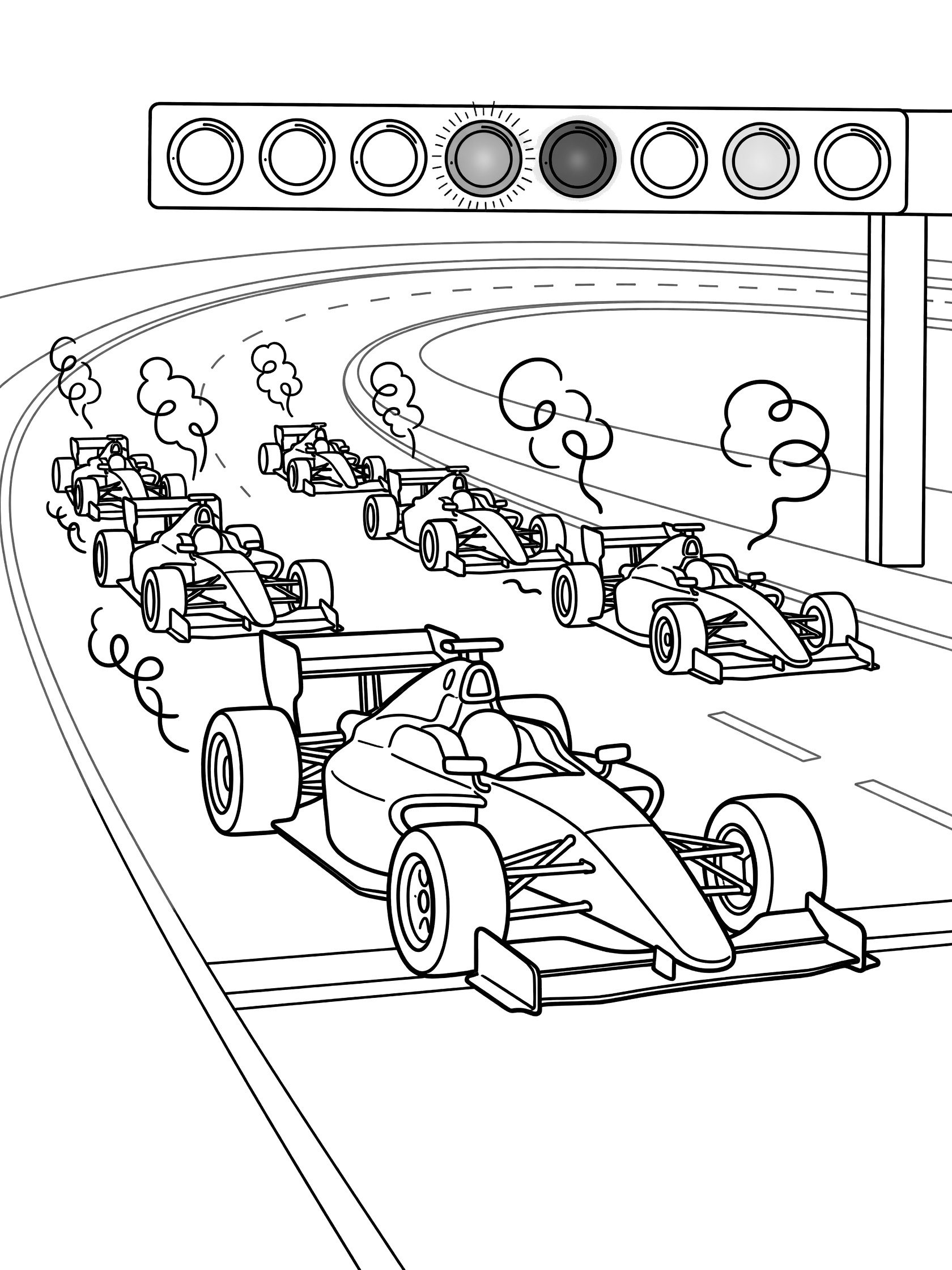 Black and white coloring page of Indy race car at starting grid with green light on, nearby cars in formation and exhaust swirls on the track