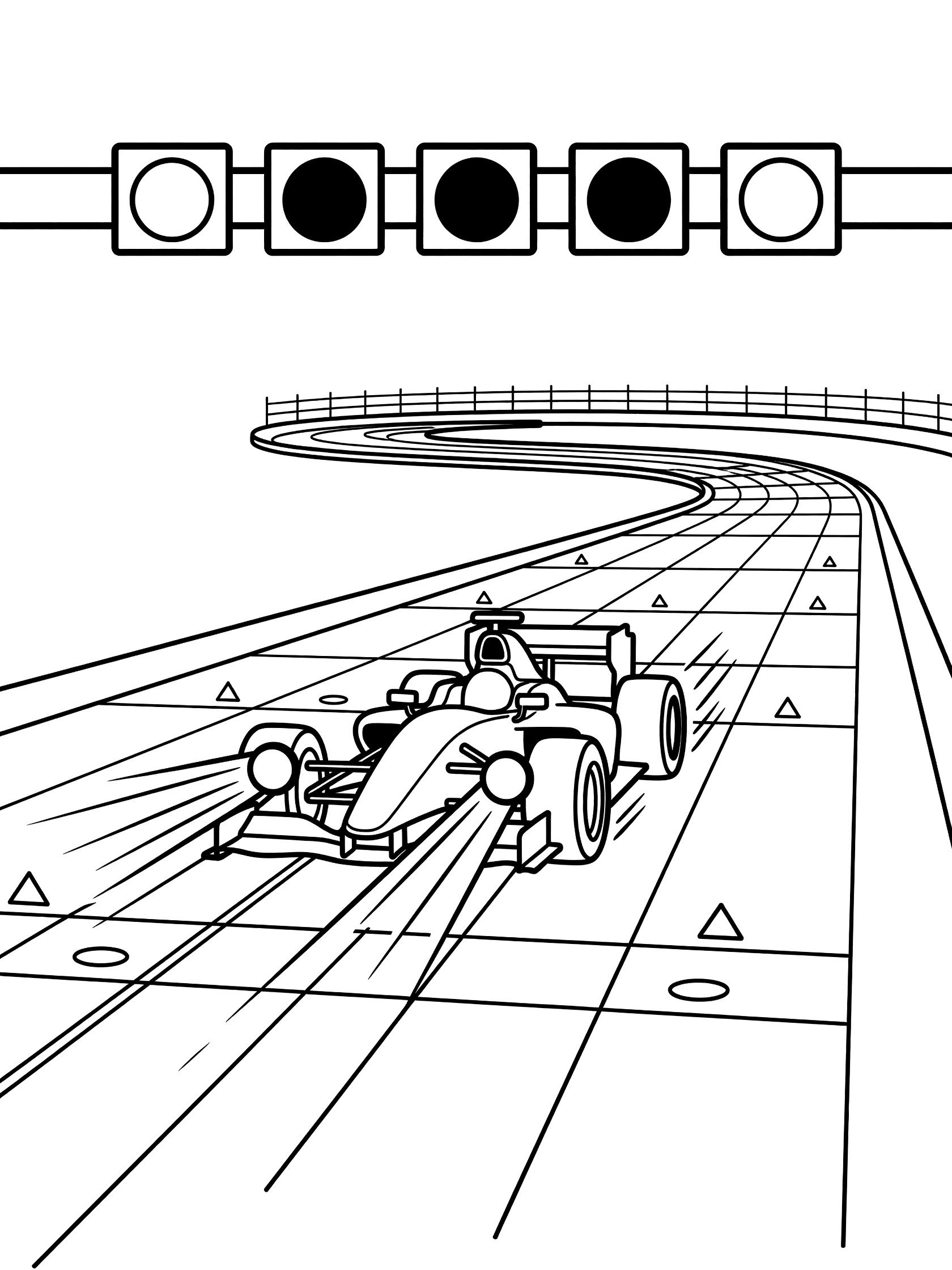 Black and white coloring page of a race car speeding from starting grid lights on a race track with cones and barriers