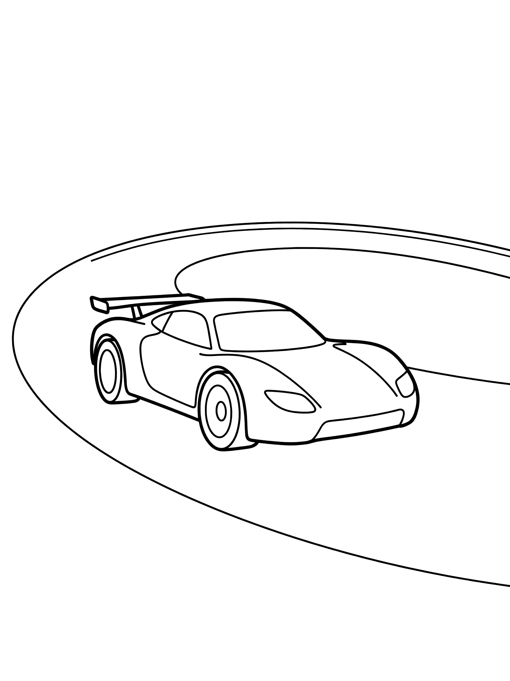 Black and white line art coloring page showing a race car with big wheels and rear spoiler driving on a curved oval track. Race Cars themed black and white printable line art