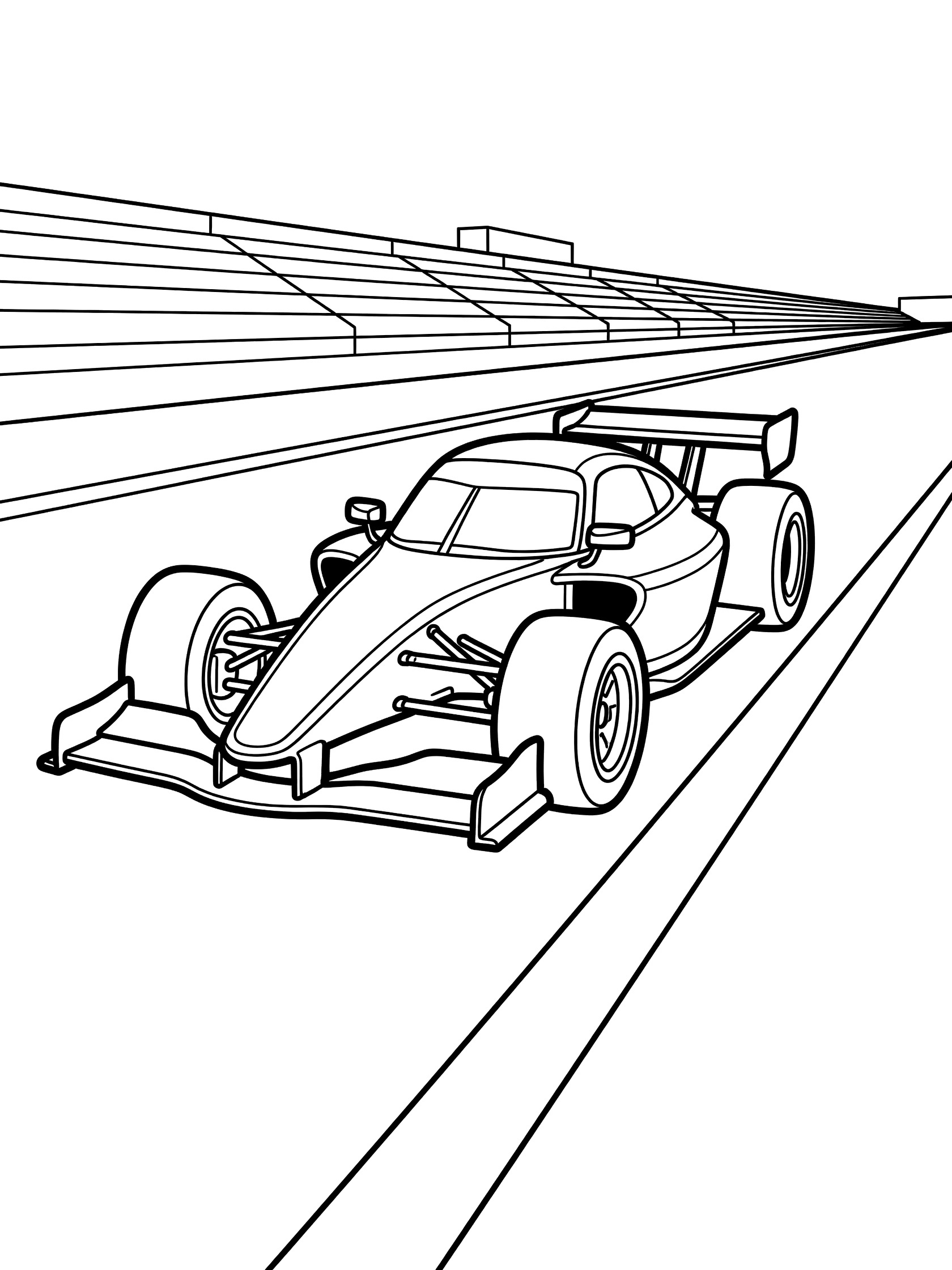 Black and white line art of a stock race car with spoiler and big tires driving fast on a racetrack with grandstands in the background. Race Cars themed black and white printable line art