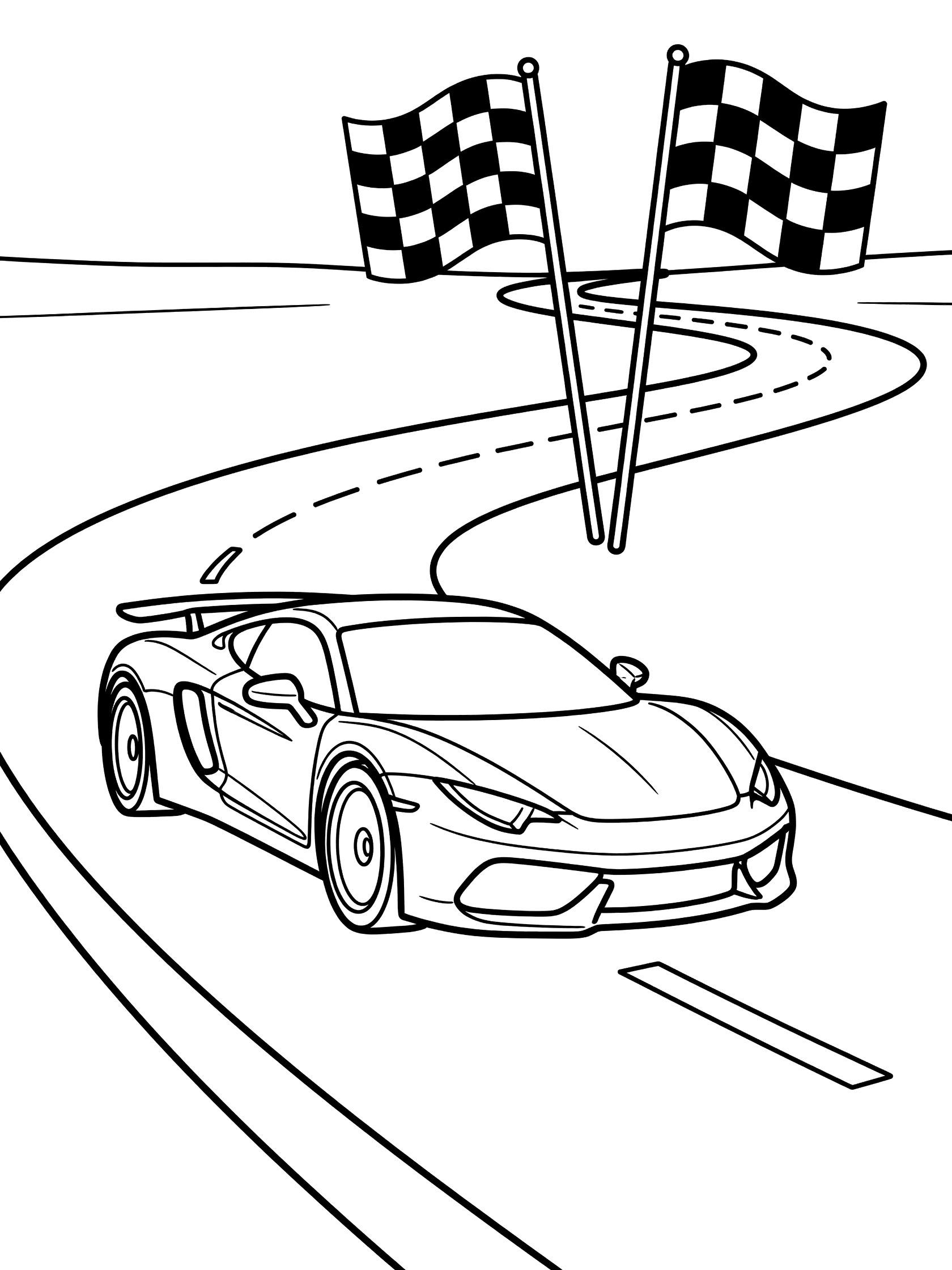 Black and white coloring page of a sports race car driving fast on a curved track with checkered flags waving nearby. Race Cars themed black and white printable line art
