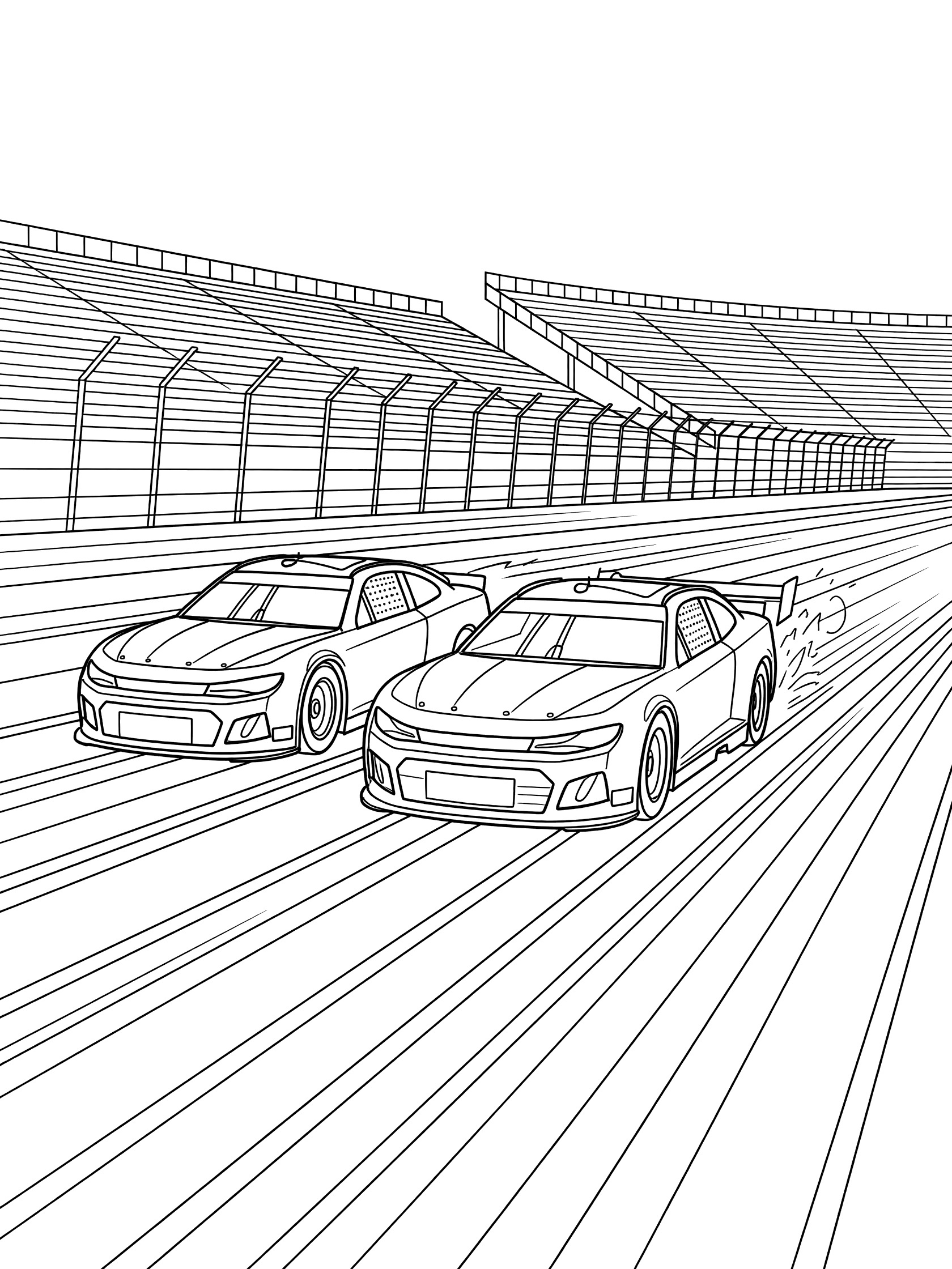 Black-and-white coloring page of a race car overtaking another on a long straightaway with grandstands in the background