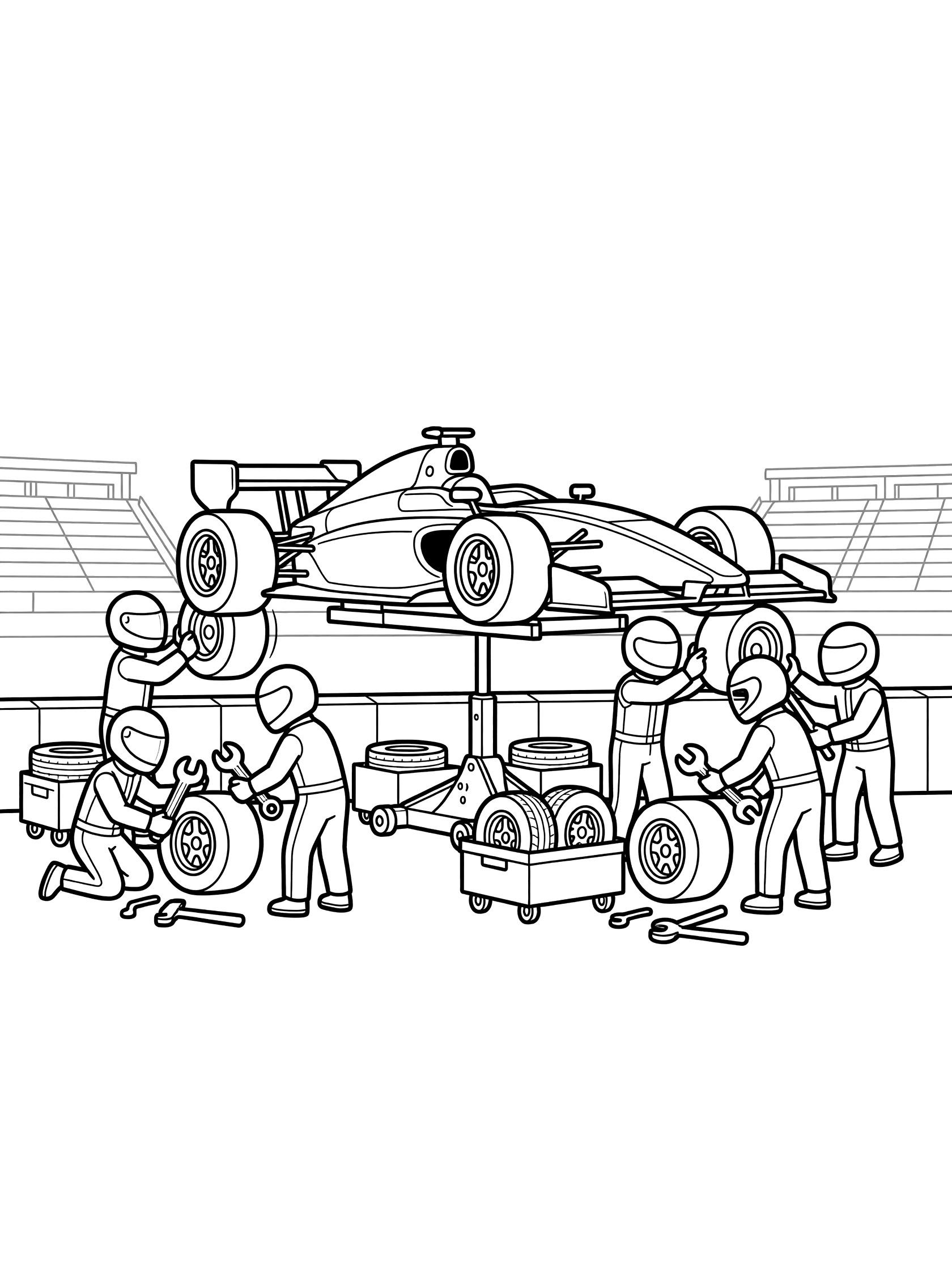 Black and white line art of a race car elevated on a jack in the pit lane with crew members changing tires using tools and carts