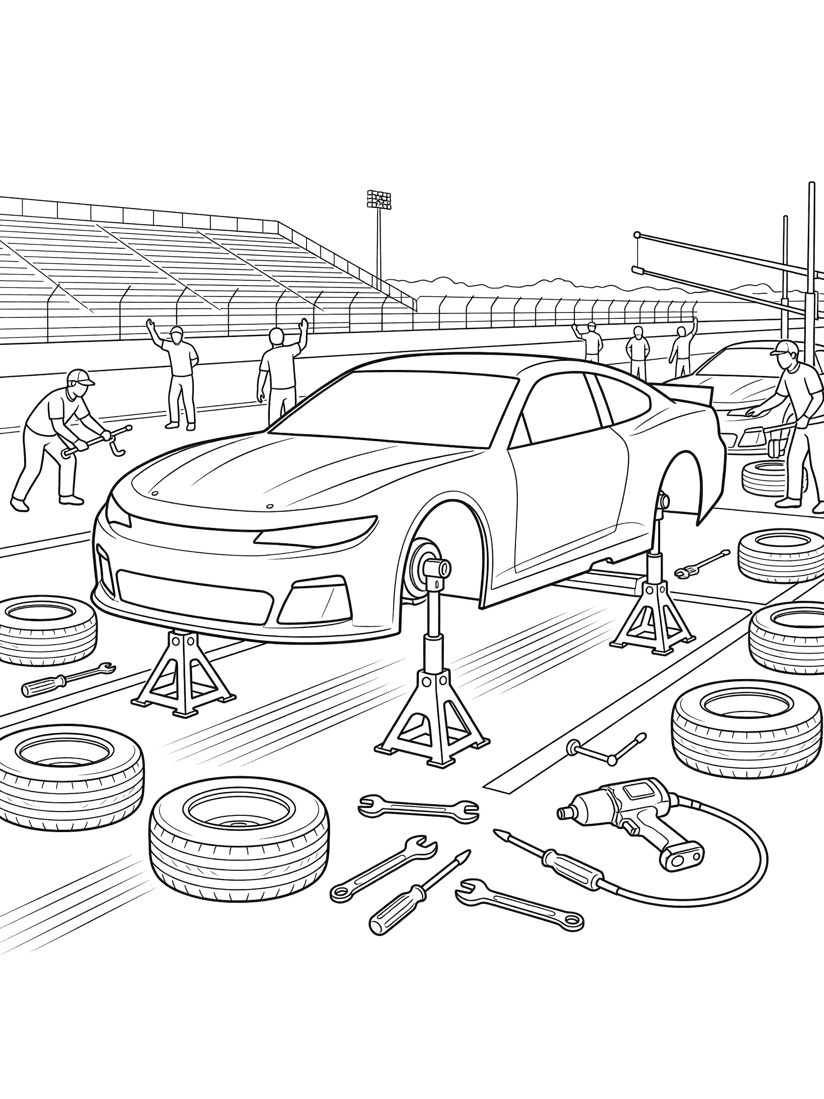 Black and white line art of a race car on jacks during a pit stop tire change, with racing crew, spare tires, wrenches, and speedway grandstands in the background.
