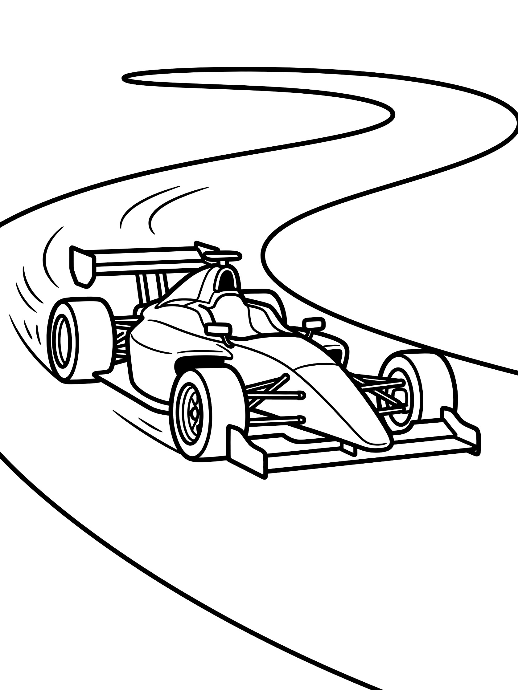 Black and white line art of a race car with open wheels and rear wing speeding on a curved track with tire motion lines, coloring book style. Race Cars themed black and white printable line art