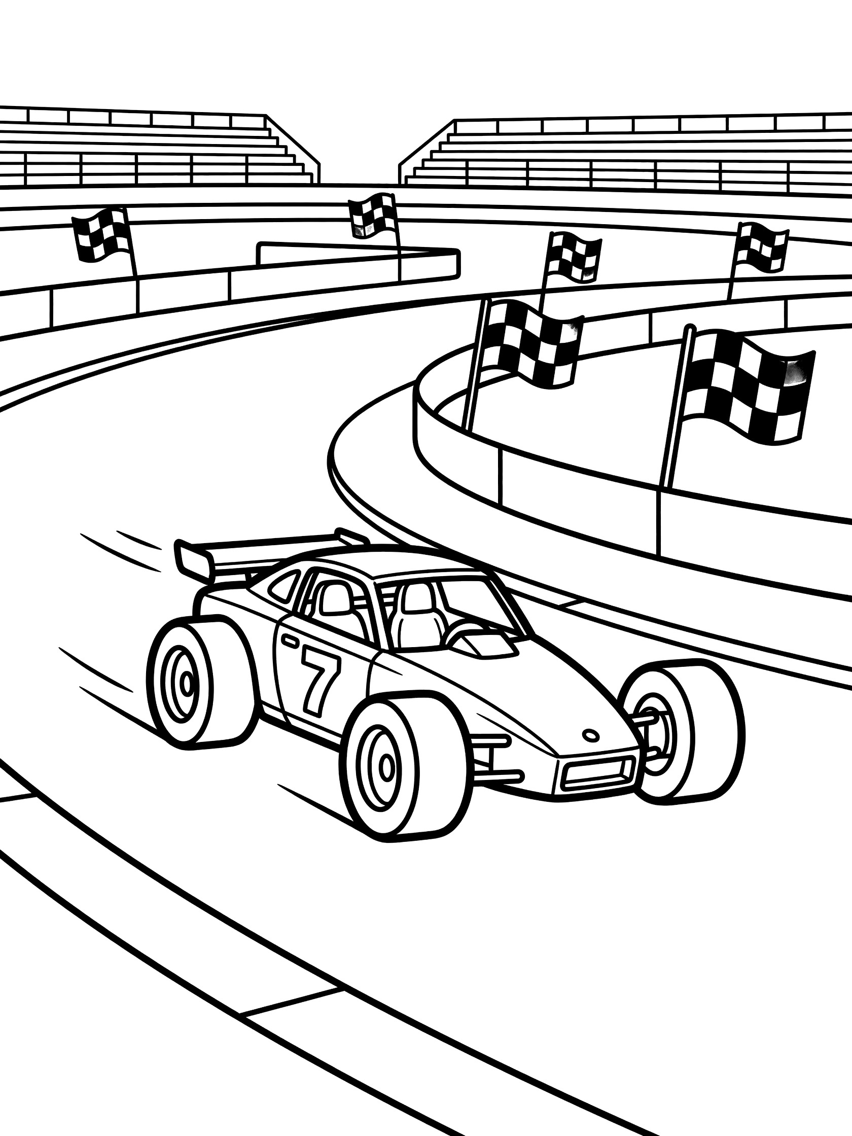 Black and white line art of a race car numbered 7 racing on a curved track lined with checkered flags and surrounded by grandstands. Bandolero Car themed black and white printable line art