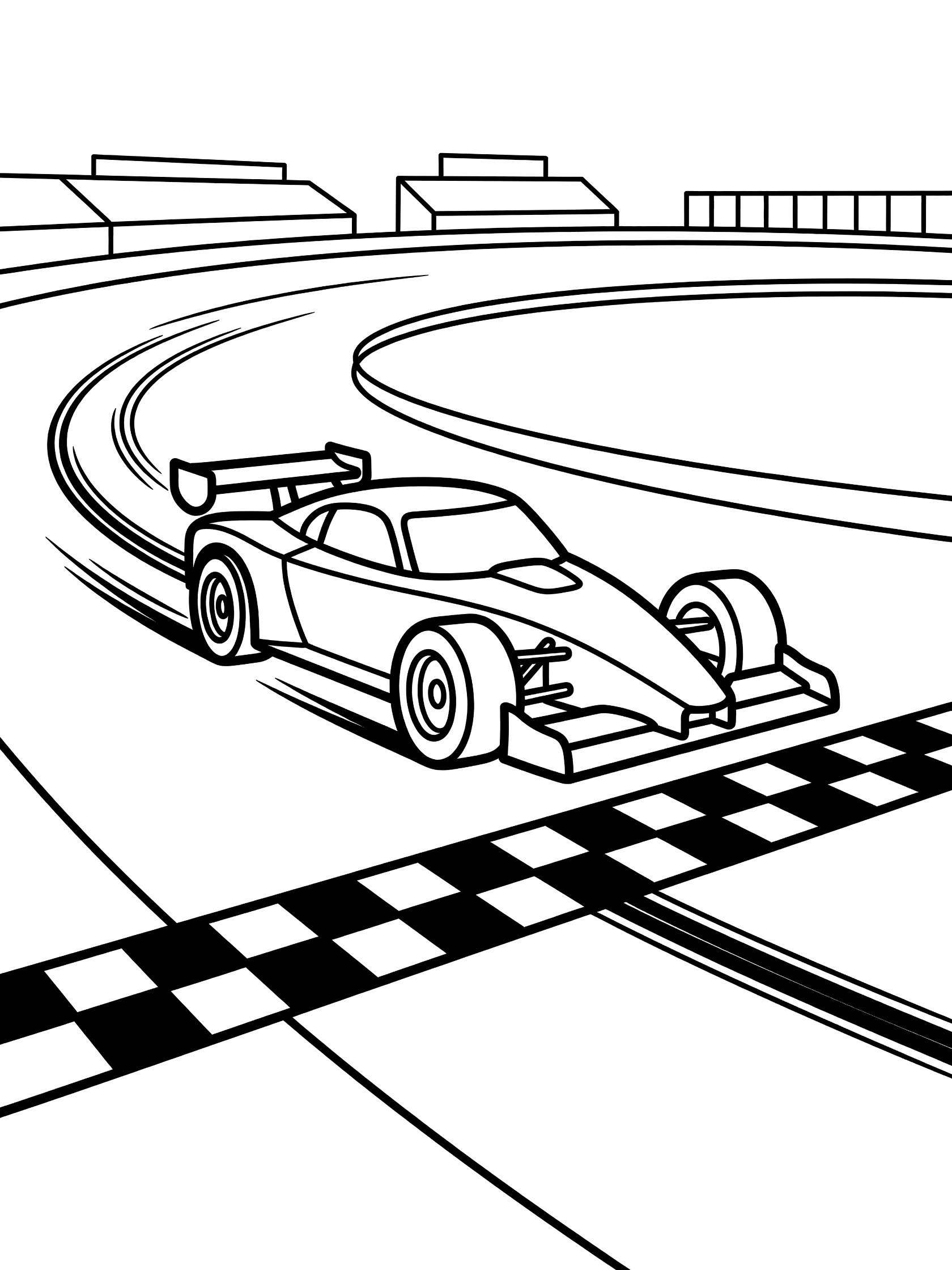 Black-and-white line art of a race car speeding over a checkered finish line on an oval stock car track with tire marks