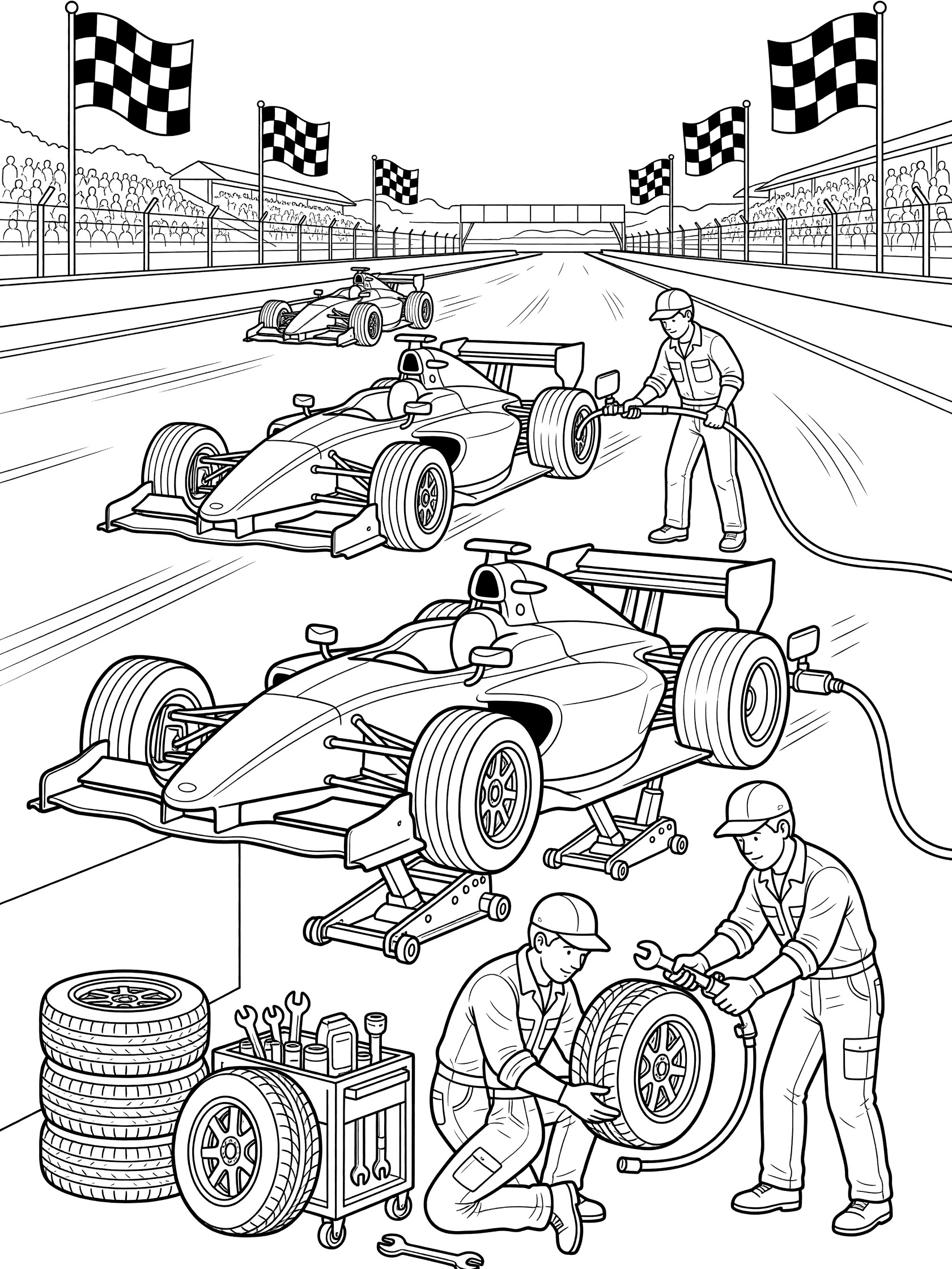 Black and white line art of race cars at a pit stop with mechanics using tools on tires and fueling another car, checkered flags in background