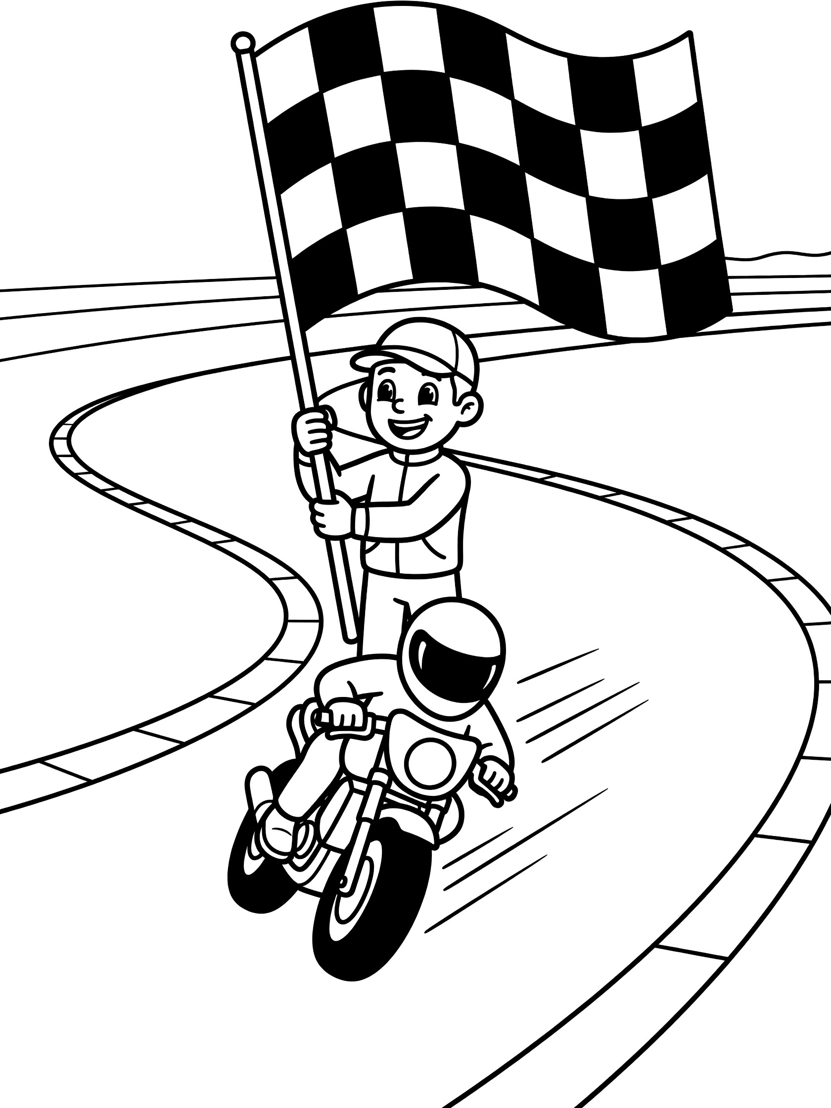 Black and white line art coloring page showing a smiling marshal in helmet and vest proudly waving a checkered flag trackside while a motorcycle rider speeds past on a curved track with motion lines.