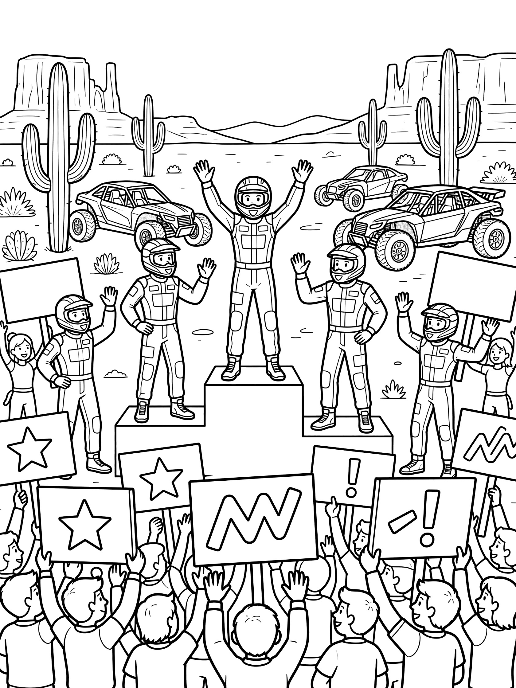 Black and white line art of Baja race podium with three racers waving to fans holding signs, desert cacti and buggies in background.