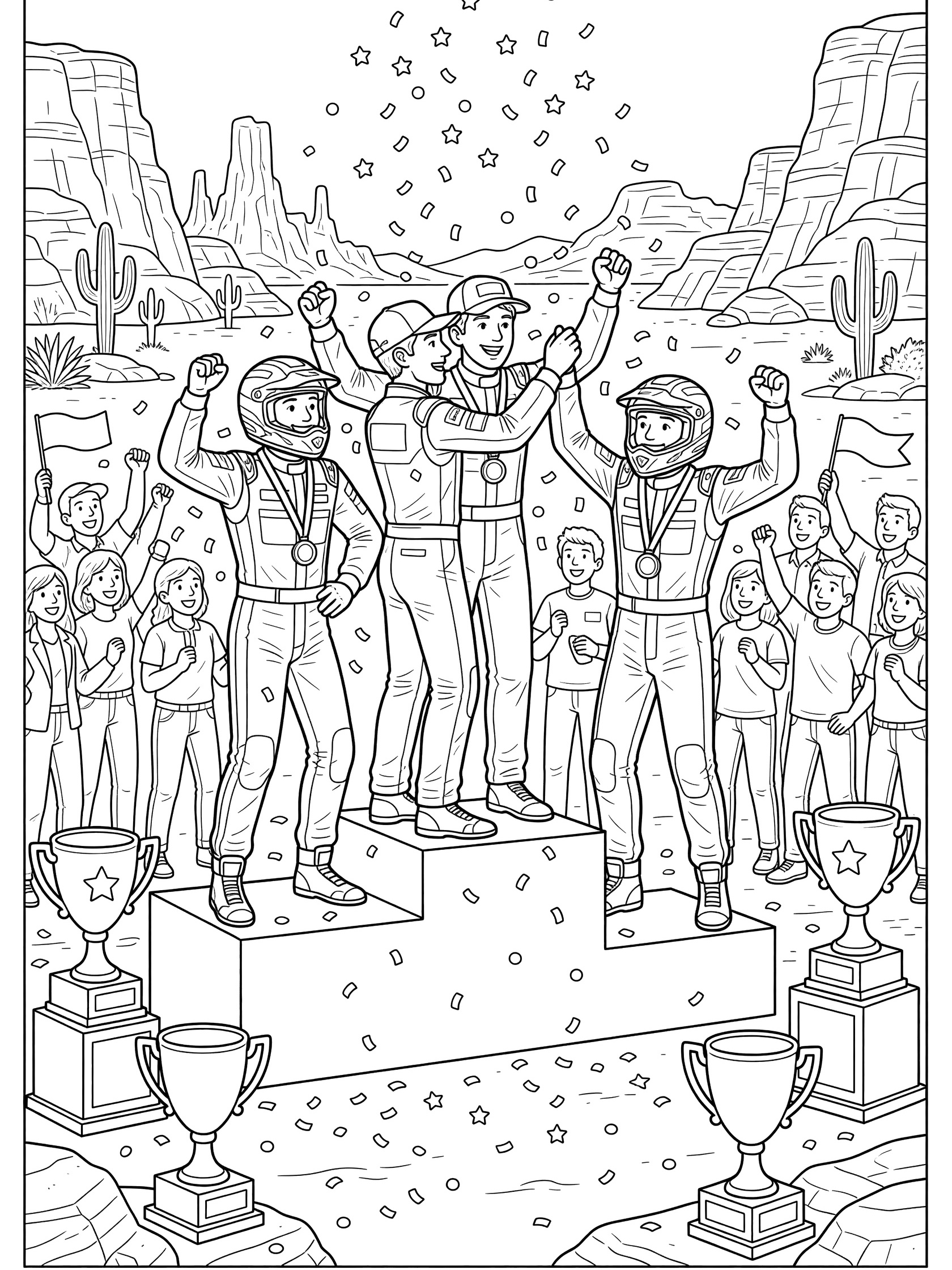 Black and white line art of Baja race podium with three winners in racing suits on platforms getting gold medals from an official, confetti, flags, spectators, trophies, and desert cactus background.