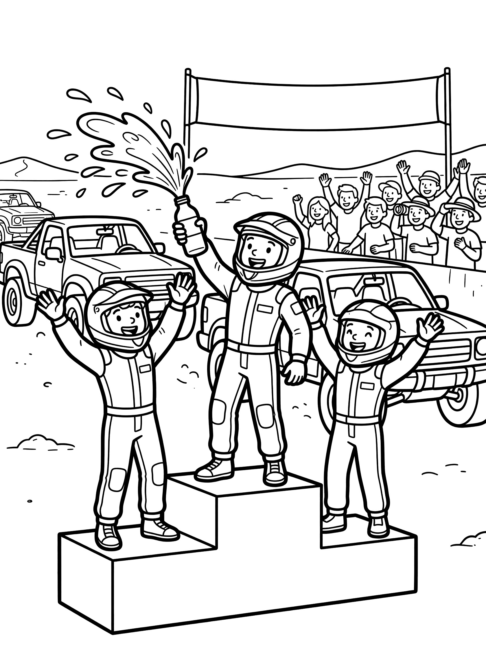 Black and white coloring page of Baja race podium with three racers in helmets and suits. Winner on top sprays water, others cheer with arms raised. Trucks parked nearby and cheering crowd.