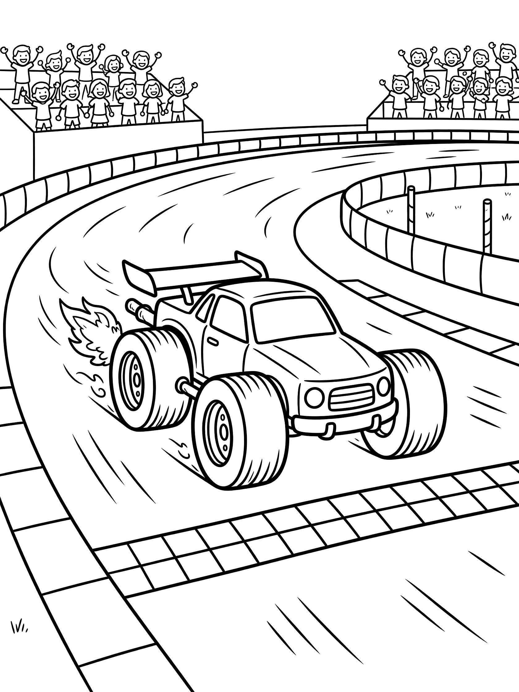 Black and white coloring page showing a race truck with oversized tires, big spoiler, and exhaust flames crossing the checkered finish line on a curving racetrack with grandstands and fans.