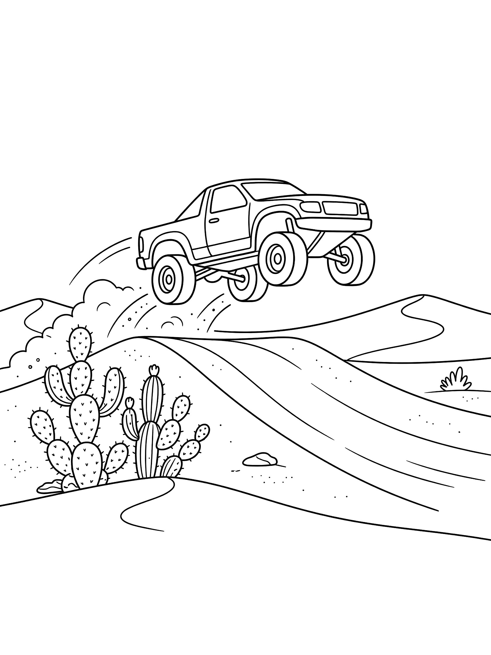 Black and white coloring page showing an off-road race truck soaring over a sandy ramp with prickly pear cactus nearby in the Baja dunes.