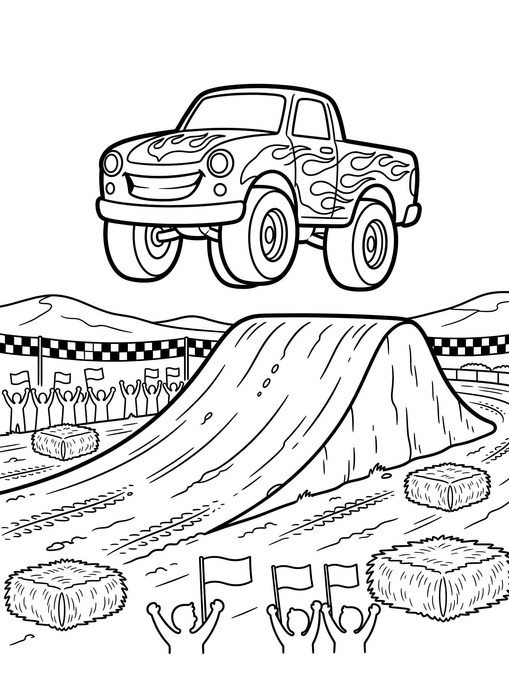 Cute cartoon race truck with flame decals and big wheels soaring mid-air over a ramp on a rugged racetrack coloring page