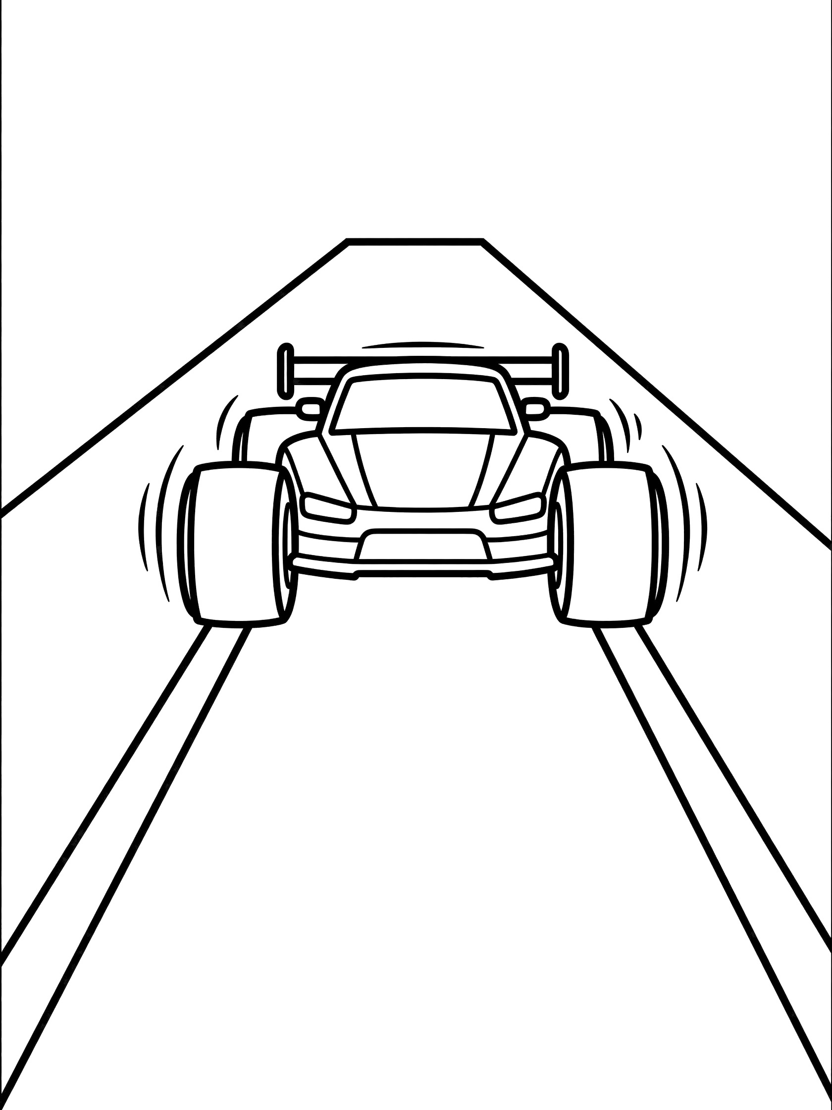 Black and white line art coloring page showing a race truck with large tires and rear spoiler driving straight down a racetrack with motion lines behind the wheels