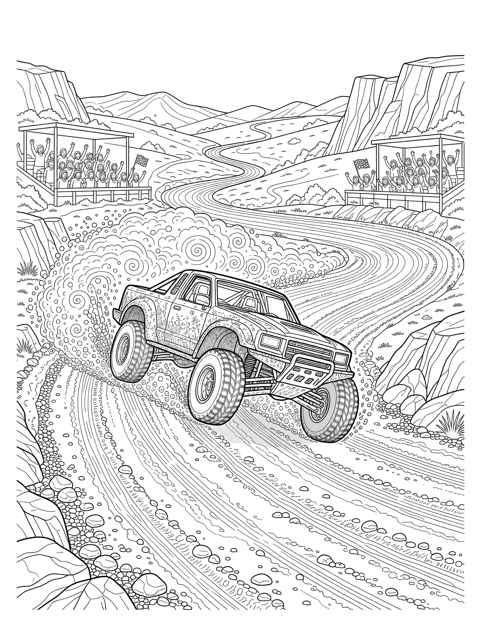 Black and white coloring page of a race truck making a sharp hairpin turn on a dirt racetrack, leaning with oversized tires, dust clouds, tire tracks, rocks, cheering crowds, and distant cliffs.