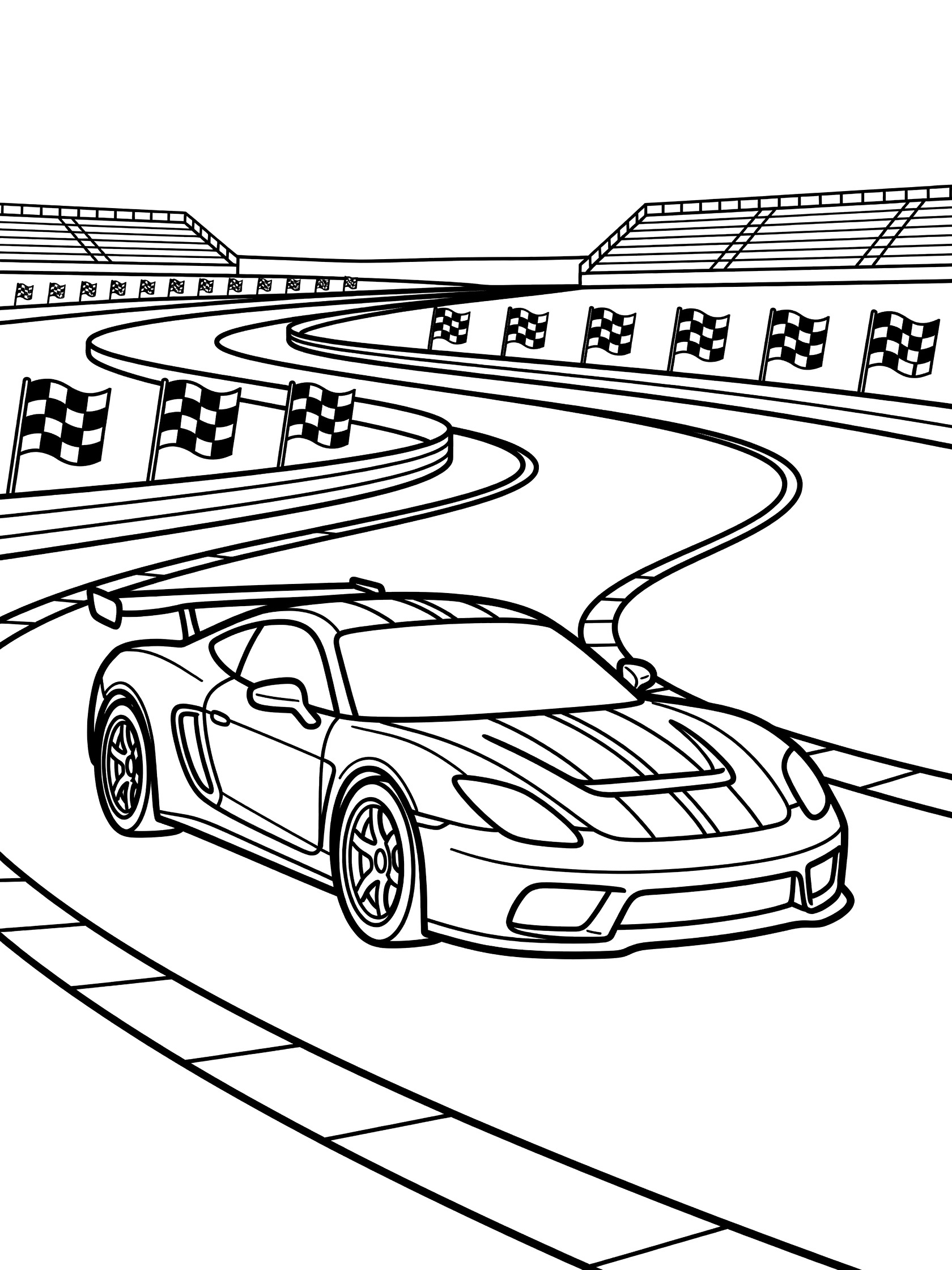 Black and white line art of a two-door racing coupe coupe leaning into a curve on a racetrack with checkered flags waving and grandstands in the background.