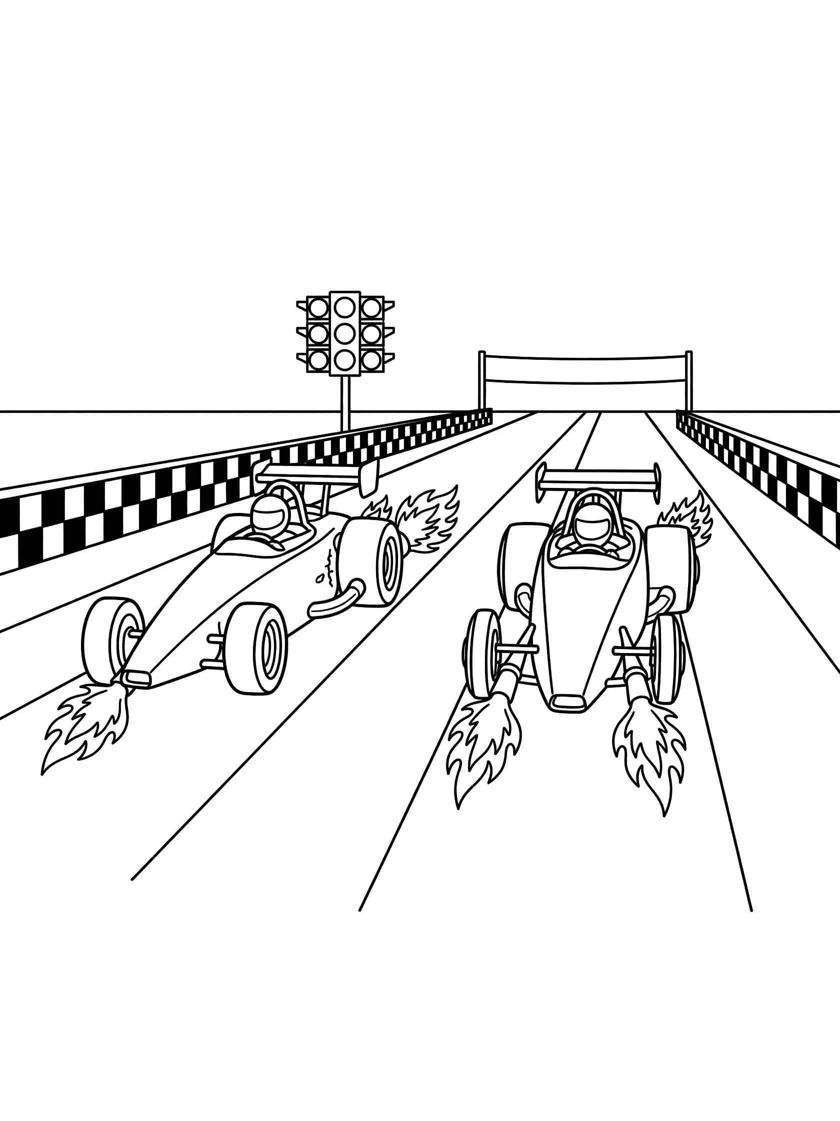 Black and white line art of two racing dragsters side by side on a drag strip with flames, oversized rear tires, drivers in helmets, checkered edges, lights and finish line.