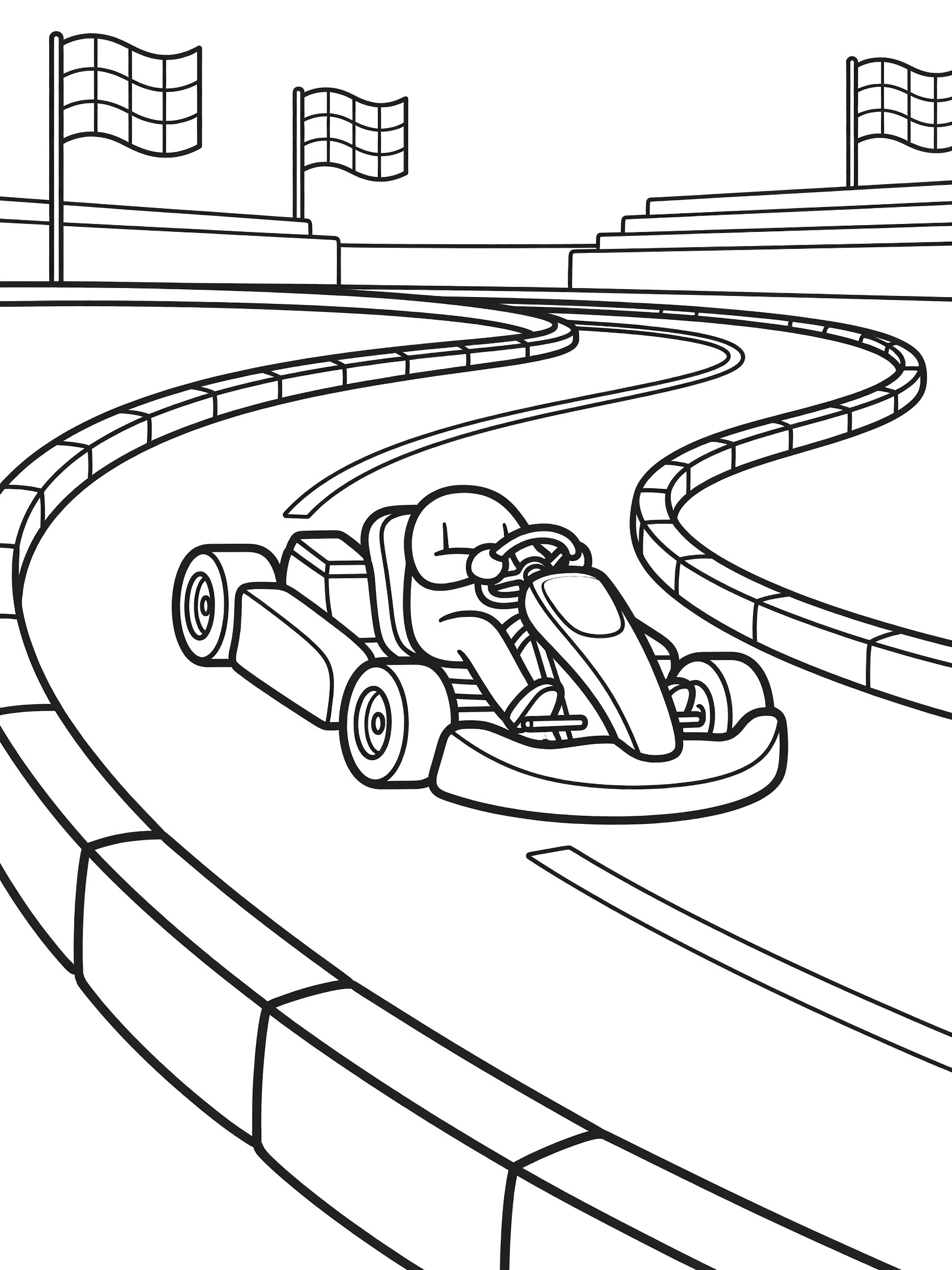 Black and white line art of a go-kart leaning into a curve on a race track with tire barriers, lane markings, checkered flags, and grandstands.