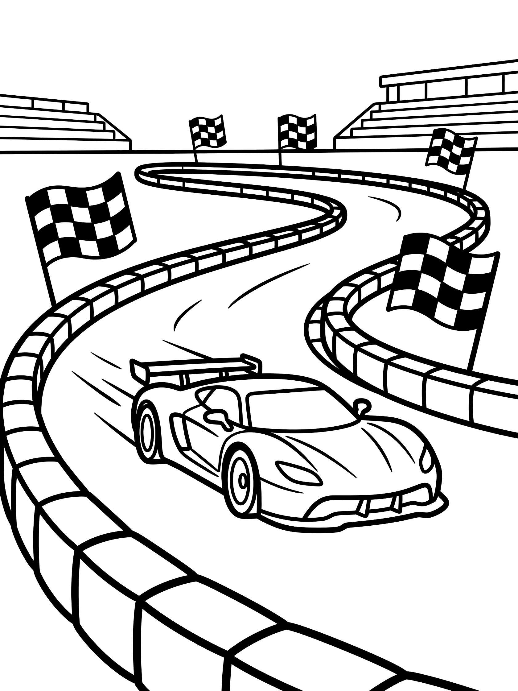 Black and white coloring page of a GT race car speeding around a curved track, leaning with motion lines, checkered flags waving, tire walls, and distant stands.