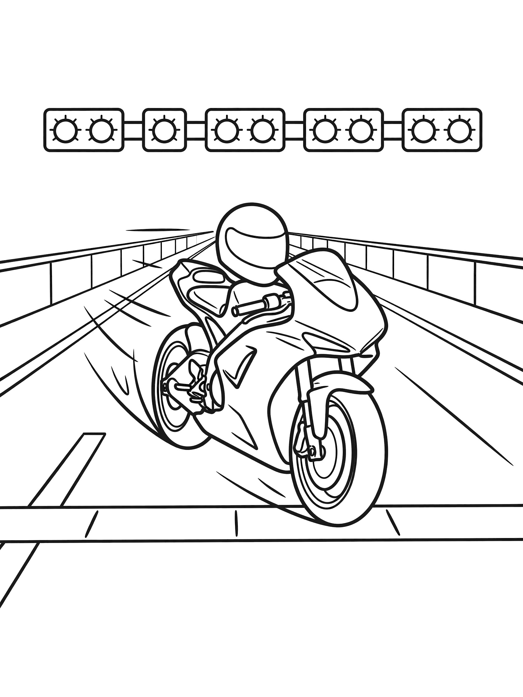 Printable coloring page of a Moto GP racing helmet atop a motorcycle surging forward from the starting grid on a racetrack with barriers and flashing green lights.