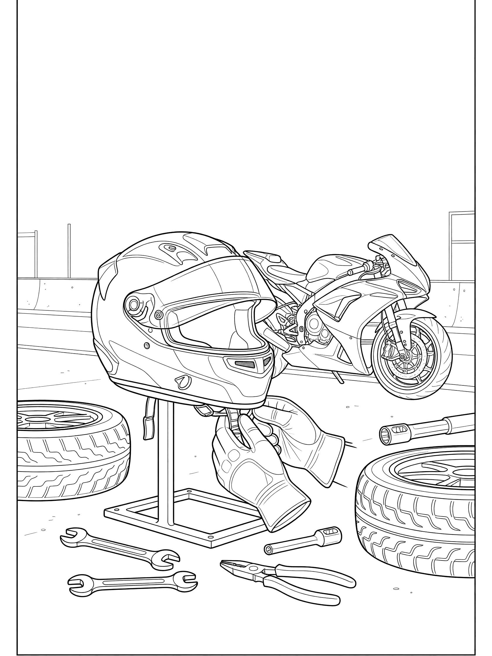 Black-and-white coloring page of a Moto GP racing helmet on a stand during pit stop tune-up, with mechanic gloves, wrenches, tires, and motorcycle in the background.