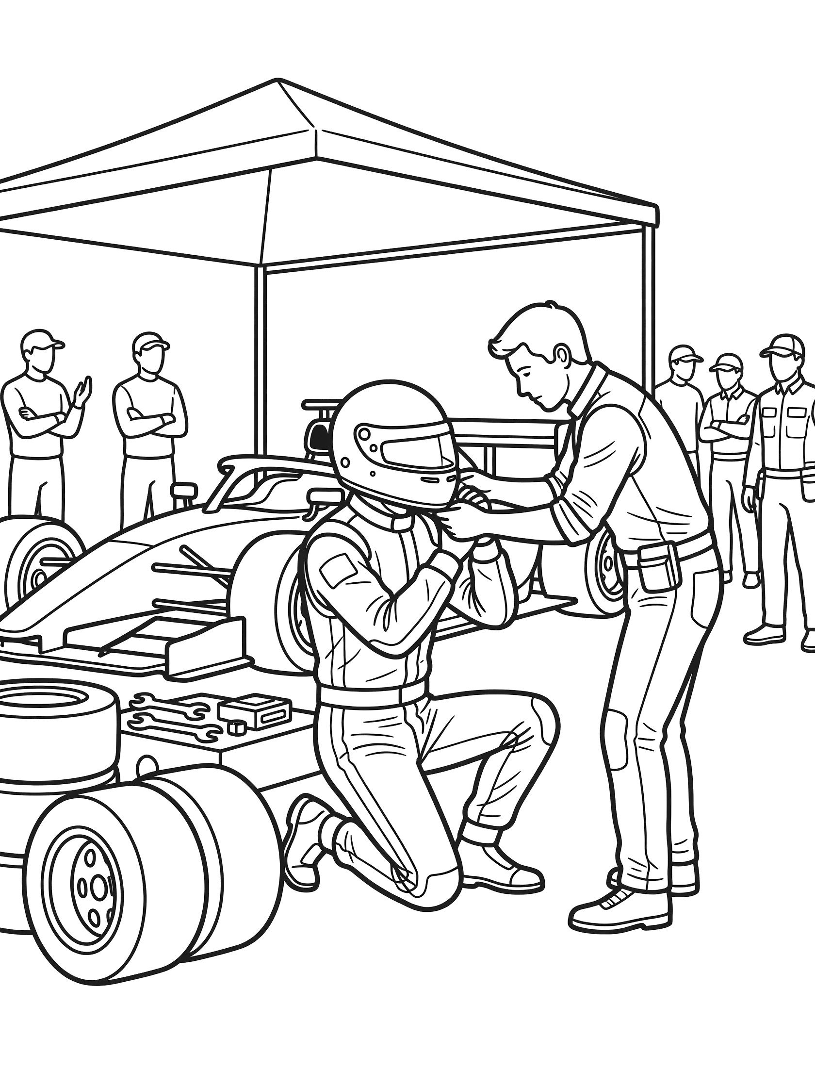 Black and white coloring page showing a mechanic strapping a racing helmet on a driver kneeling in the pit lane with race car and team members