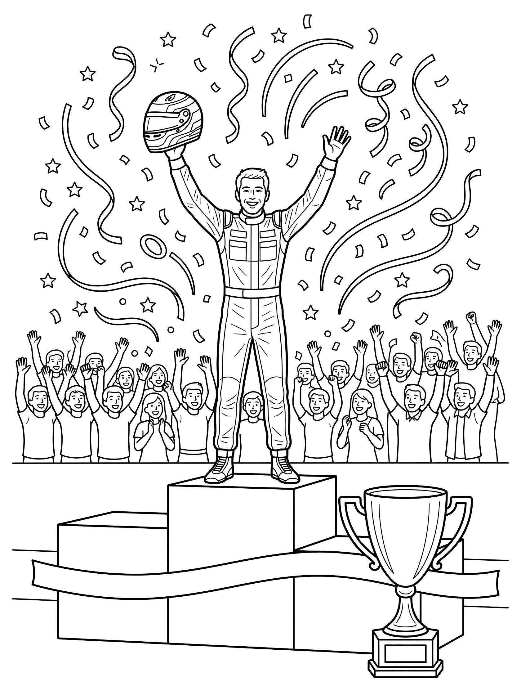 Black-and-white line art of a race car driver in suit raising racing helmet overhead on podium, surrounded by confetti and cheering crowd with trophy.