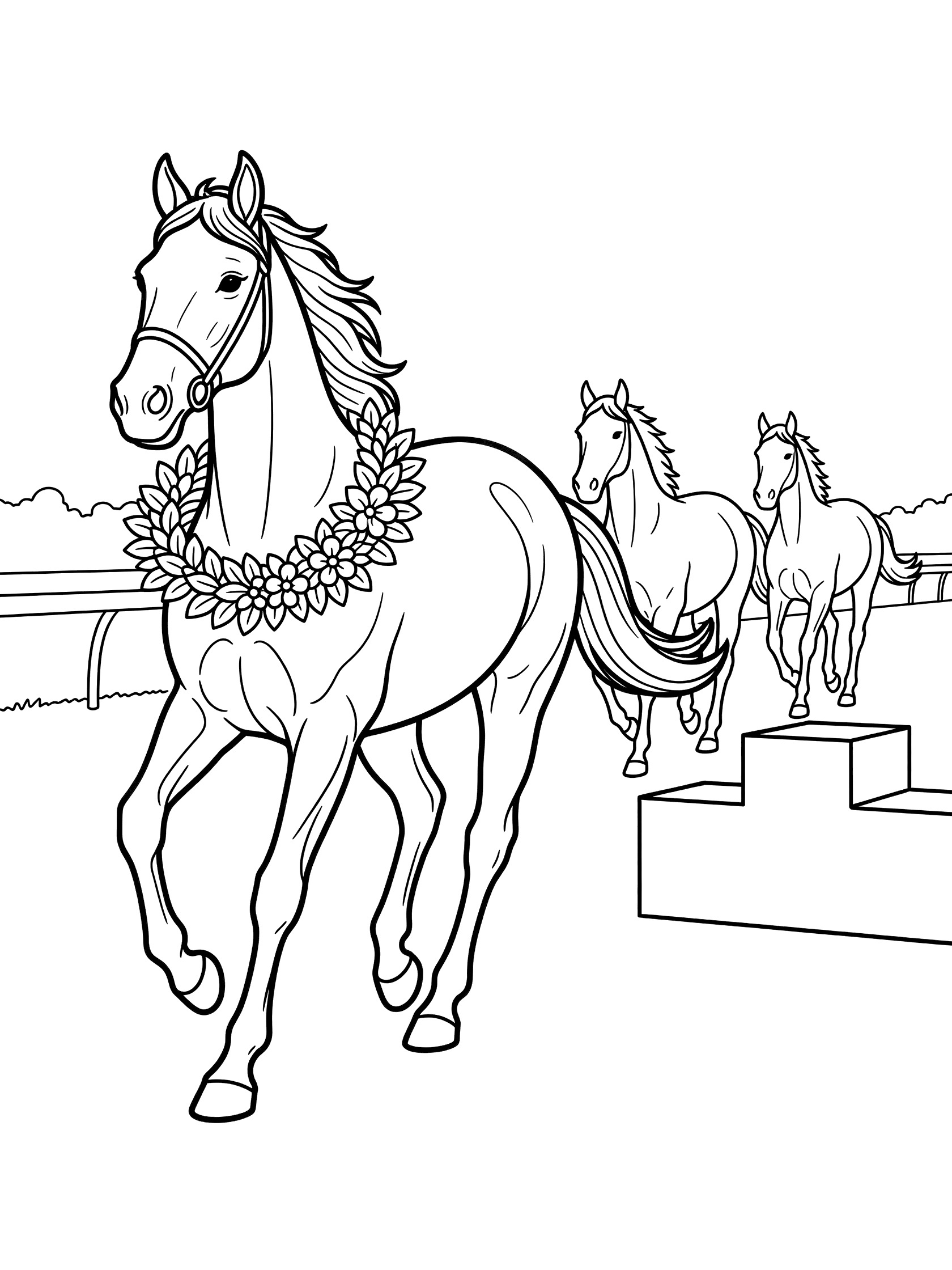Black and white line art of a lead racehorse wearing a flower wreath, trotting with two horses behind on a track near a simple podium, coloring book style.