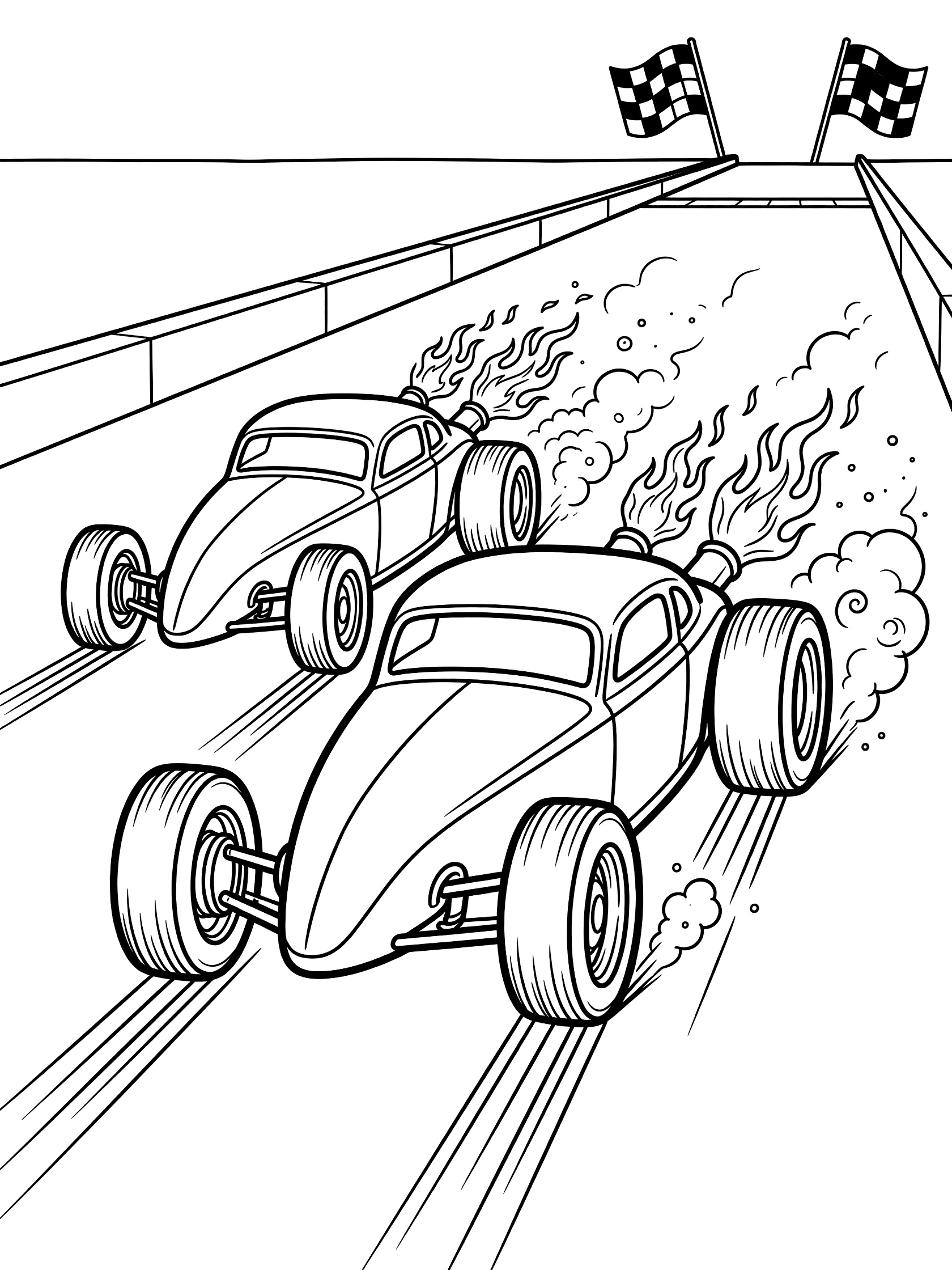 Black-and-white line art of two hot rods racing side by side on a drag strip, flames shooting from pipes, dust from oversized tires, checkered flags waving ahead.