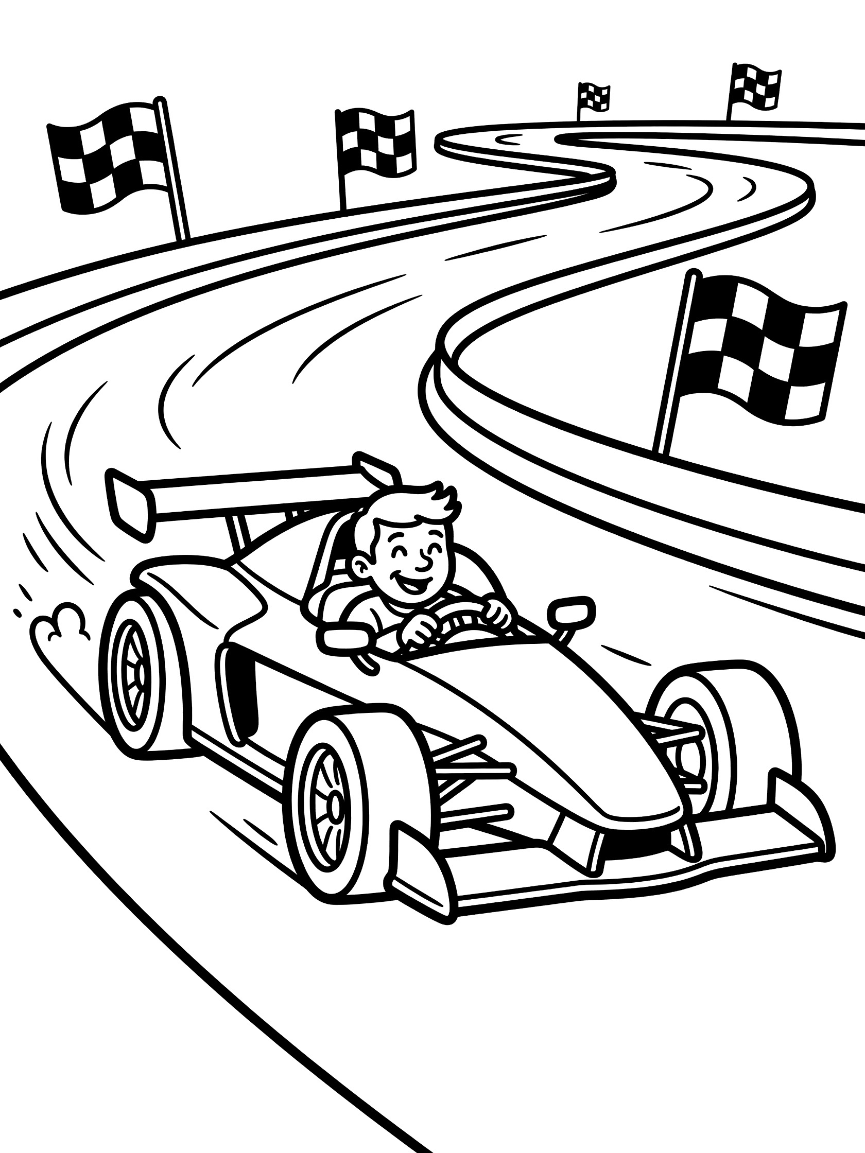 Black and white coloring page of a sleek racing kit car with open wheels and large rear spoiler, driven by a smiling kid on a curved racetrack with waving checkered flags and barriers.