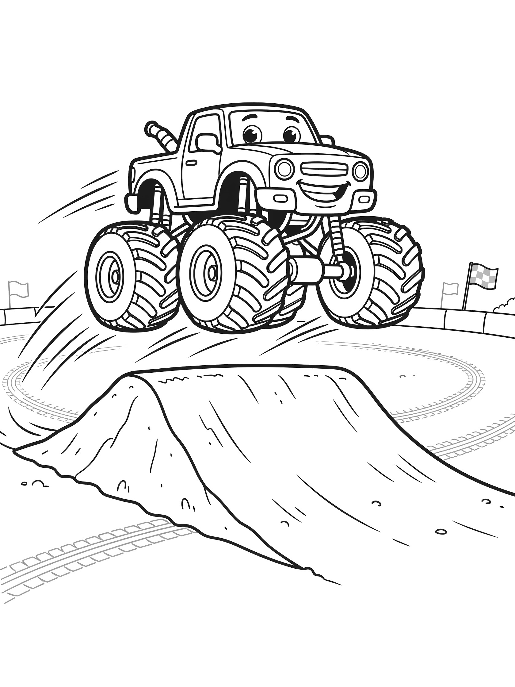 Cartoon monster truck with grinning face and huge tires launching off a ramp in mid-air on a racetrack, with motion lines, checkered flags, and dirt tracks in line art for coloring.